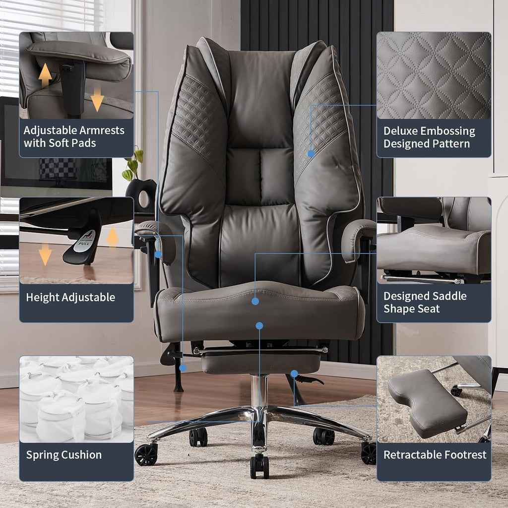 EXCEBET Big and Tall Office Chair 400lbs Wide Seat, Leather High Back Executive Office Chair with Foot Rest, Ergonomic Chairs Lumbar Support for Lower Back Pain Relief (Grey)