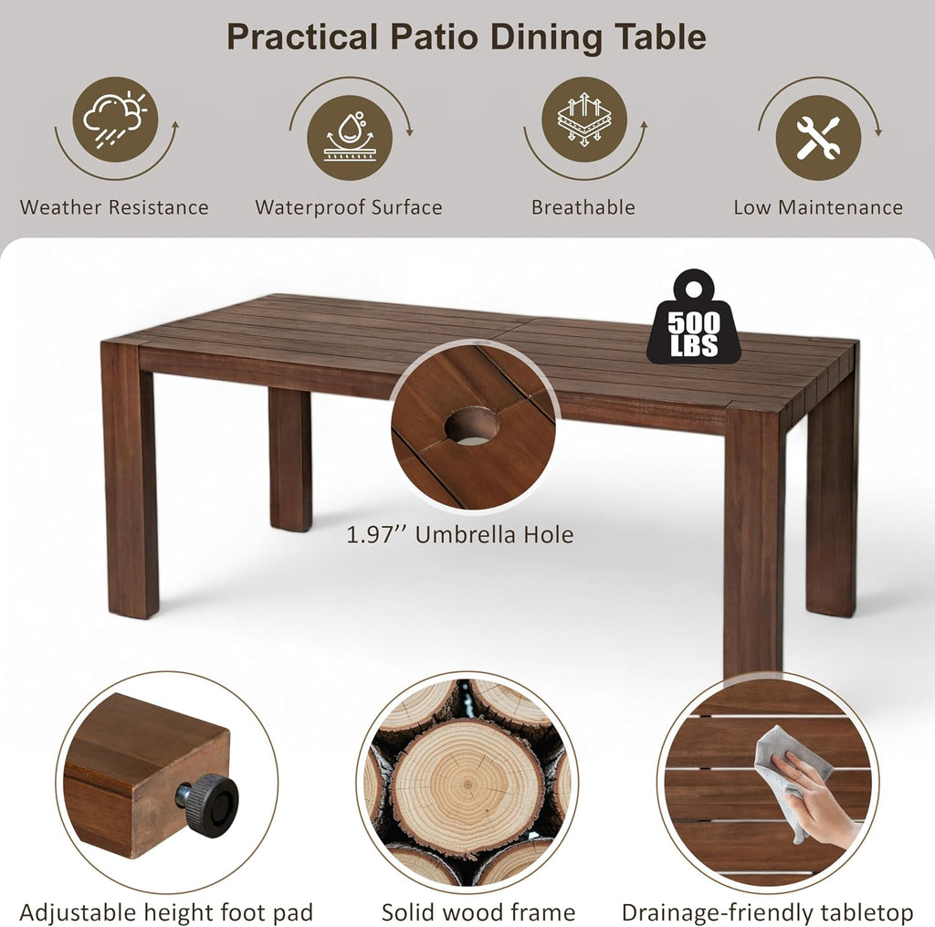 Merax 7-Piece Patio Dining Table Set,Outdoor Furniture Set with 72.8' Rectangle Table & 6 Chairs,Adjustable Leveling Feet,Umbrella Hole for Backyard,Garden,Poolside,Brown+ Beige