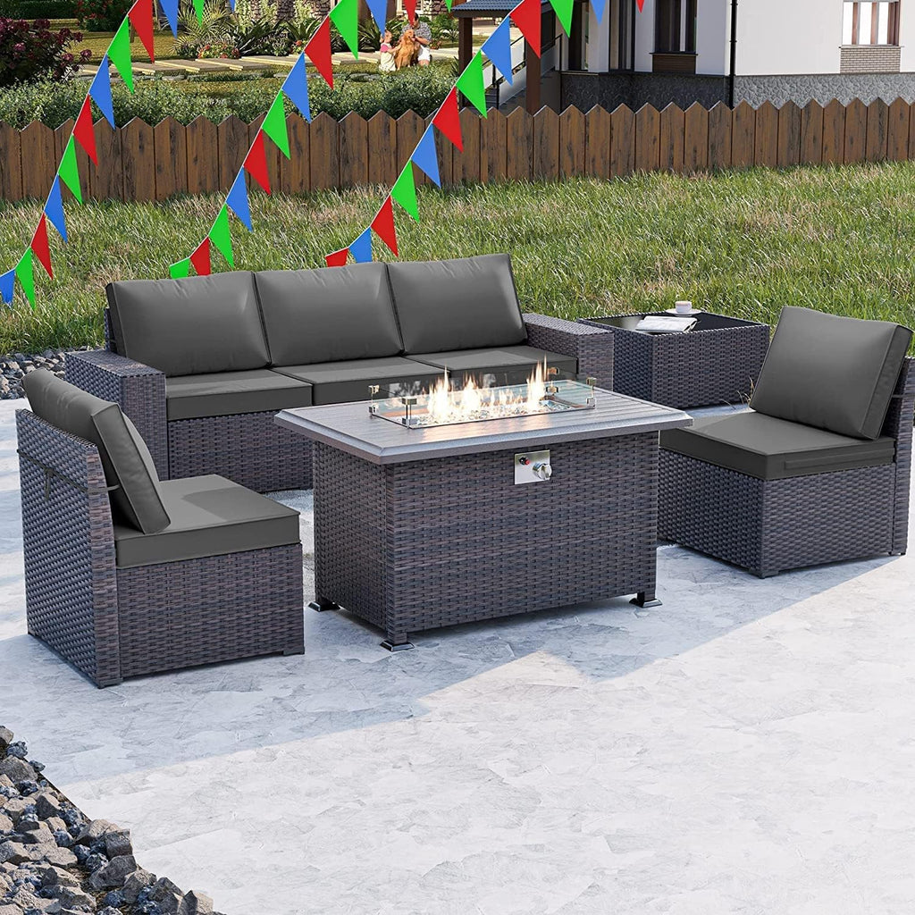 Kullavik 7 Pieces Outdoor Patio Furniture Set with 43' 55000BTU Gas Propane Fire Pit Table PE Wicker Rattan Sectional Sofa Patio Conversation Sets,Grey