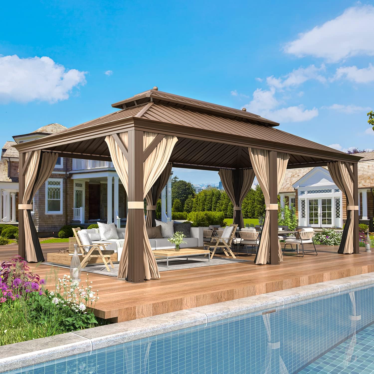 EROMMY 12' x 20' Gazebo Hardtop Double Roof Galvanized Steel Canopy with Netting and Curtains Outdoor Aluminum Frame Permanent Metal Pavilion for Patio Backyard Deck and Lawns