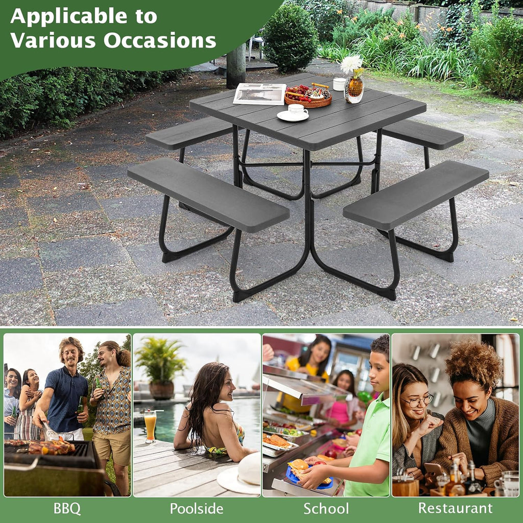 Giantex Picnic Table Bench Set for 8 Persons, Square Outdoor Table with Umbrella Hole, HDPE Top & Metal Frame, 2000LBS Capacity, Patio Table Bench Set for Deck Backyard Garden, Black