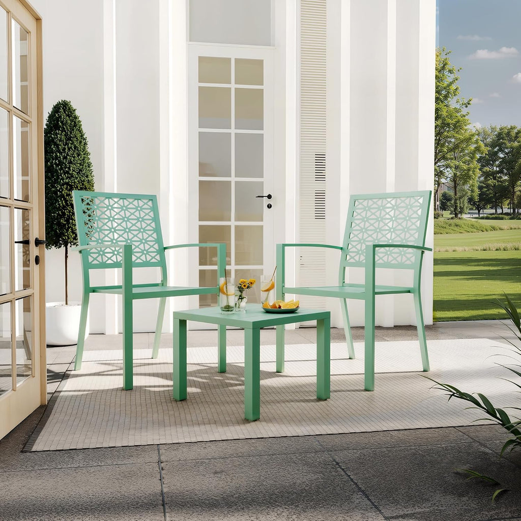 GarveeLife 3 Pieces Patio Furniture Set, Metal Outdoor Furniture with 2 Chairs and Coffee Table, Modern Bistro Set for Garden, Balcony, Porch, Light Green