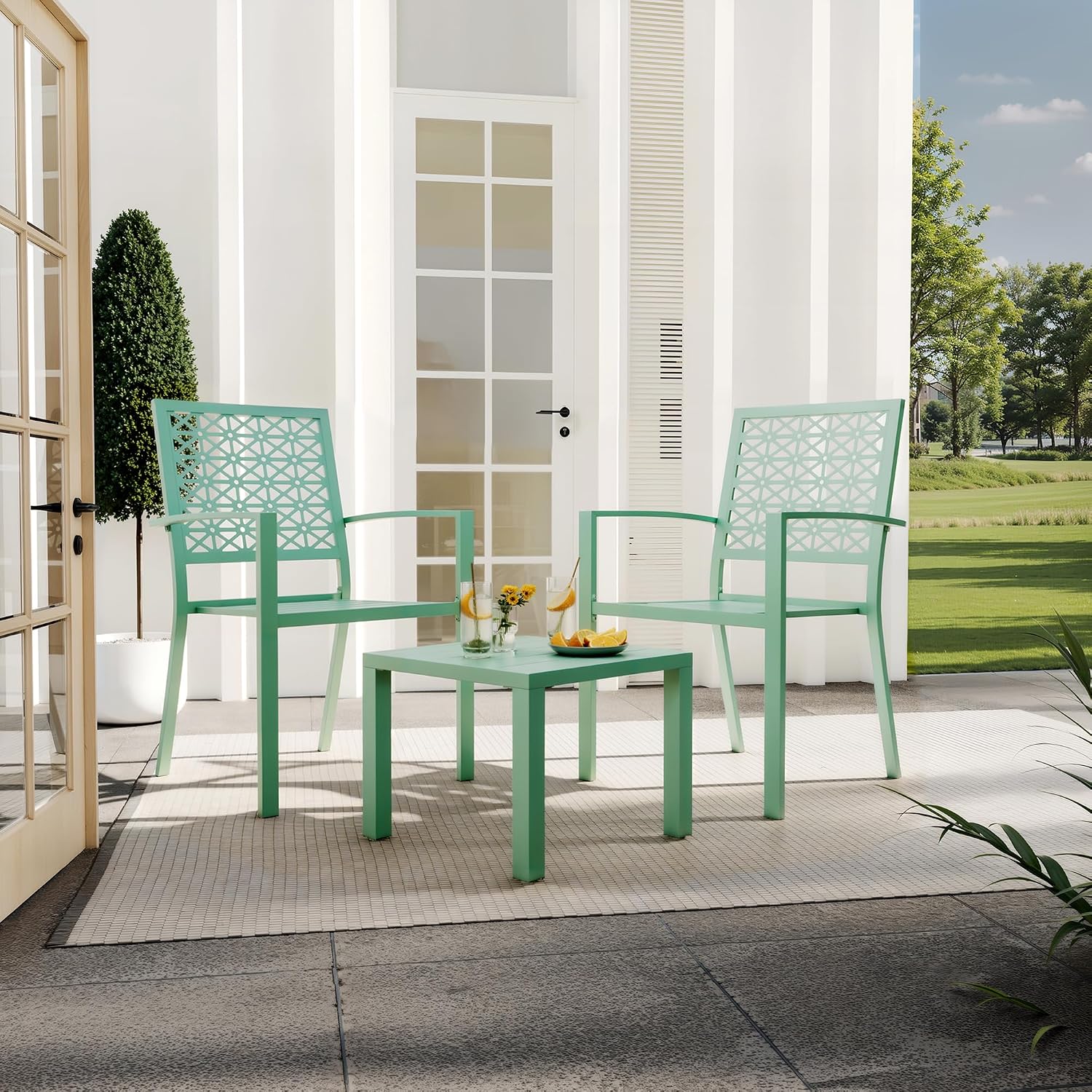 GarveeLife 3 Pieces Patio Furniture Set, Metal Outdoor Furniture with 2 Chairs and Coffee Table, Modern Bistro Set for Garden, Balcony, Porch, Light Green