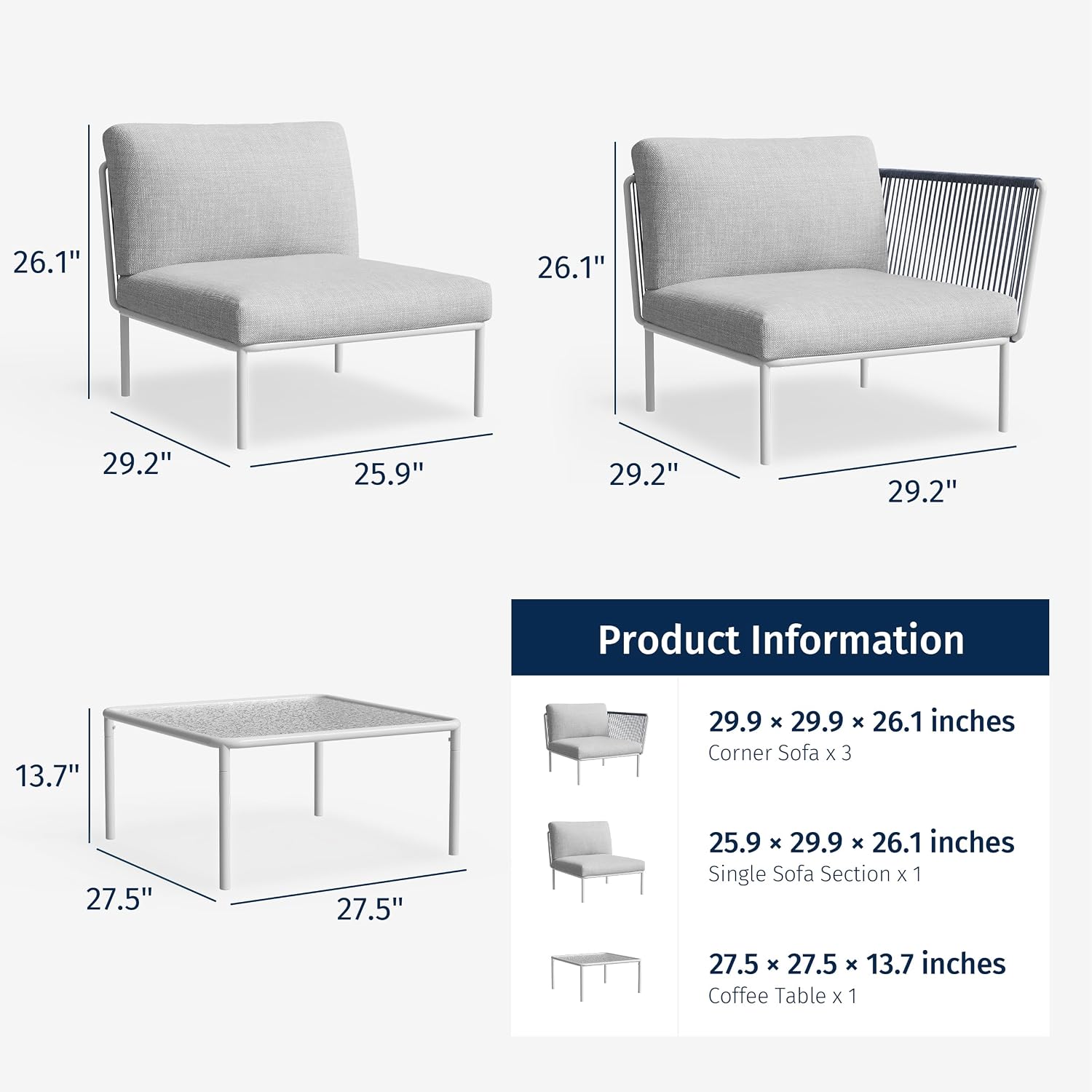 East Oak 5-Piece Montauk Modular Patio Furniture Set, Outdoor Sectional Sofa with Cushion and Glass Coffee Table, Modern Patio Conversation Set for Garden, Backyard and Porch, Grey
