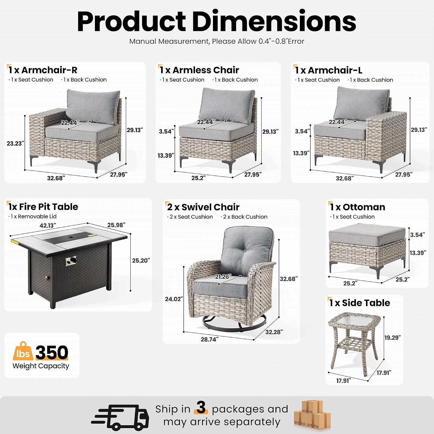 ovios 8-Piece Patio Furniture Set with L-Shape Sofa Chaise, Outdoor Sectional Couch Swivel Gliders Fire Pit Table, Modern Modular Wicker Rattan Conversation Set, Dark Grey