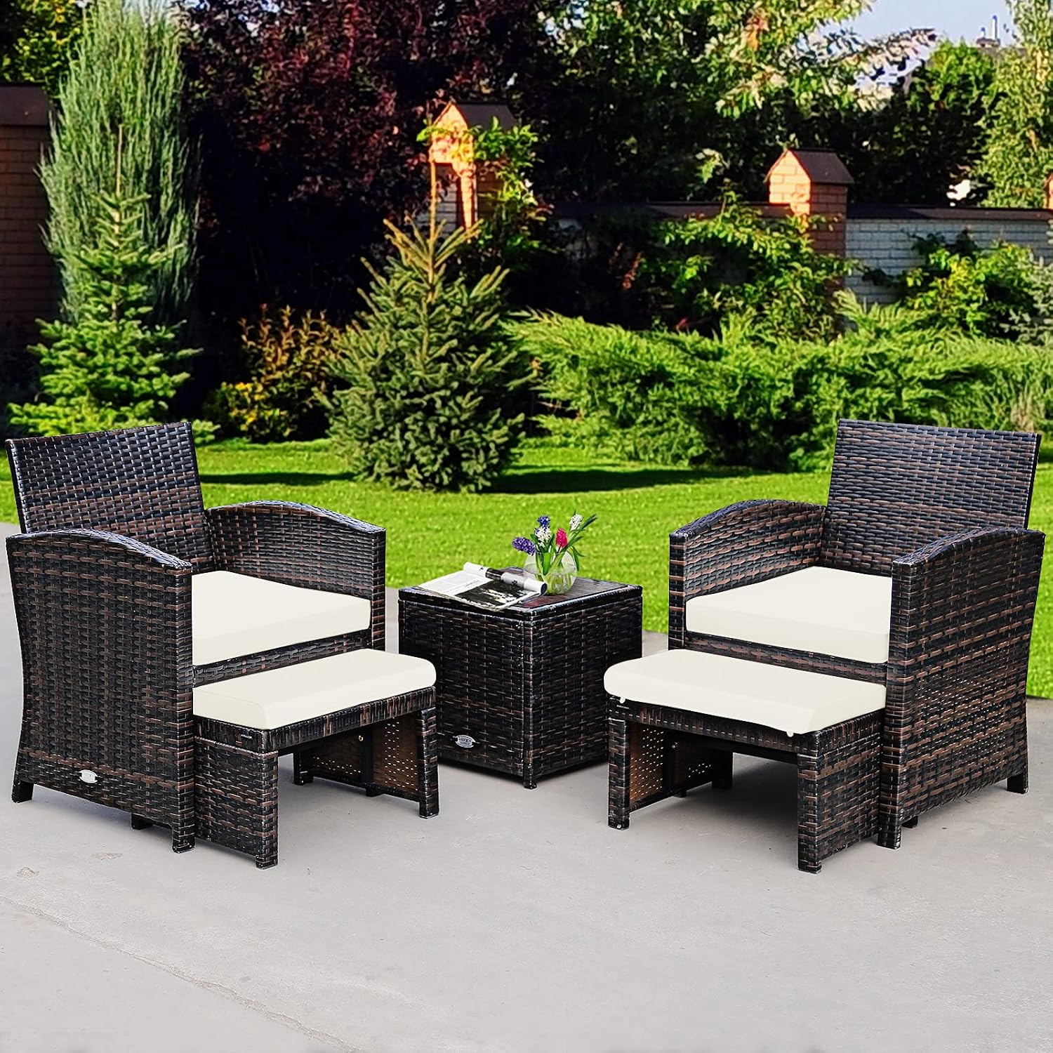 Tangkula 5 Pieces Wicker Patio Conversation Set, PE Rattan Outdoor Chairs & Ottomans Set with Single-Door Storage Coffee Table, Space-Saving Patio Furniture for Poolside, Backyard, Lawn, Deck (White)