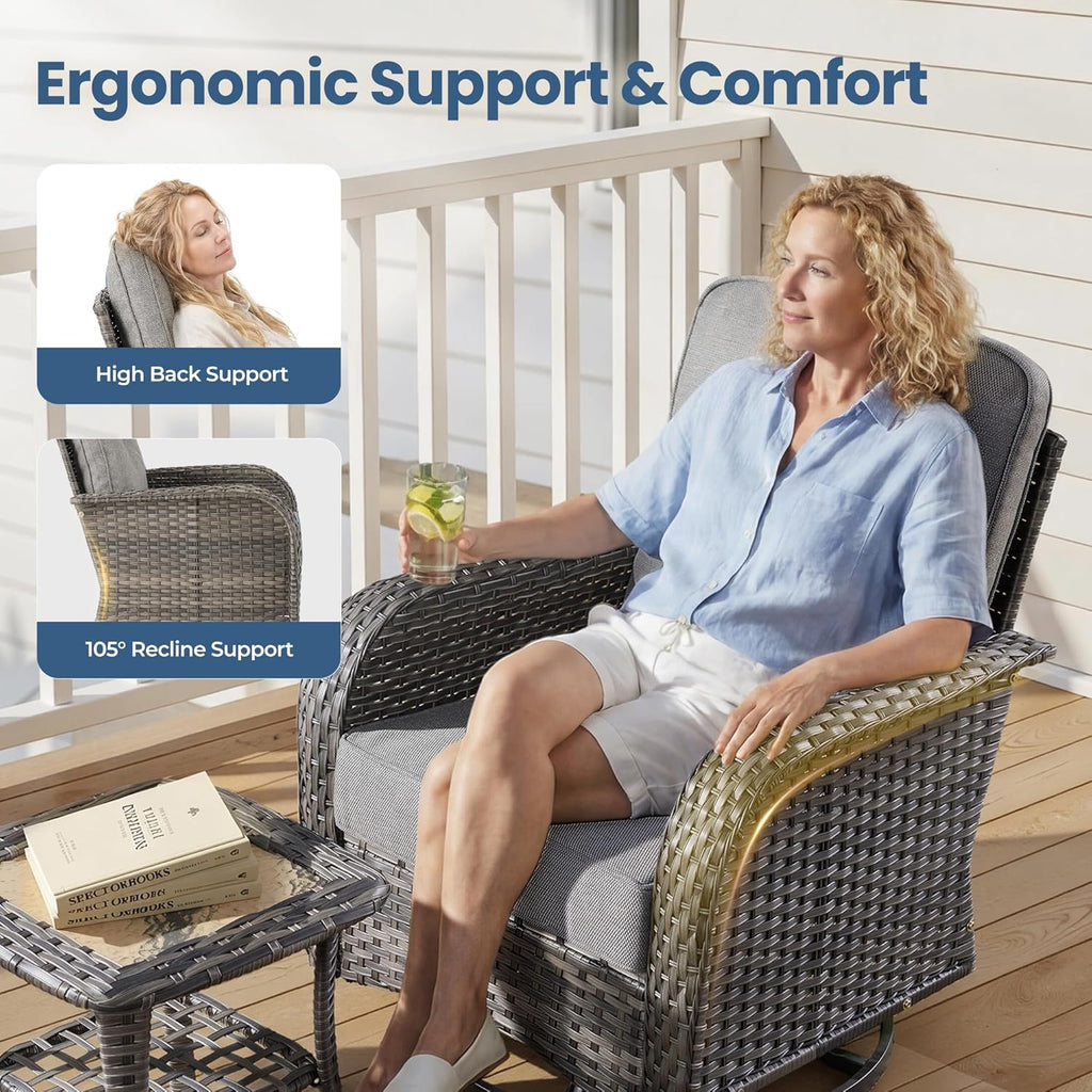 Outdoor Swivel Rocker Patio Chairs, 3 Piece Patio Furniture Set with Glider Chairs and Wicker Coffee Table, All Weather Rattan Chair Set for Porch Deck Yard Balcony, Dark Gray