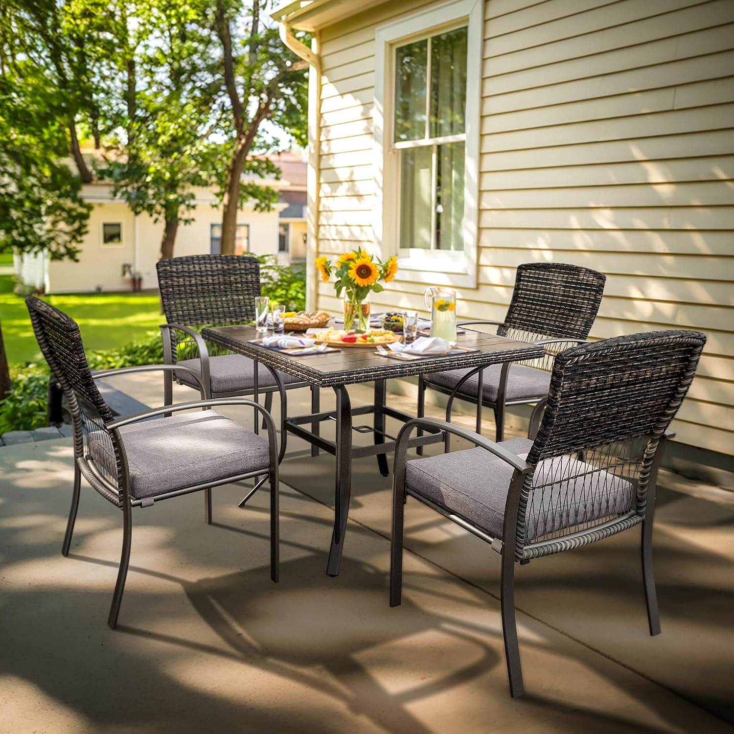 Pamapic 5-Piece Outdoor Furniture Set, Rattan Patio Dining Set with Weather-Resistant Iron Slats Table, 4 Stackable Chairs & Removable Cushions for Backyard, Deck, Garden (Grey)