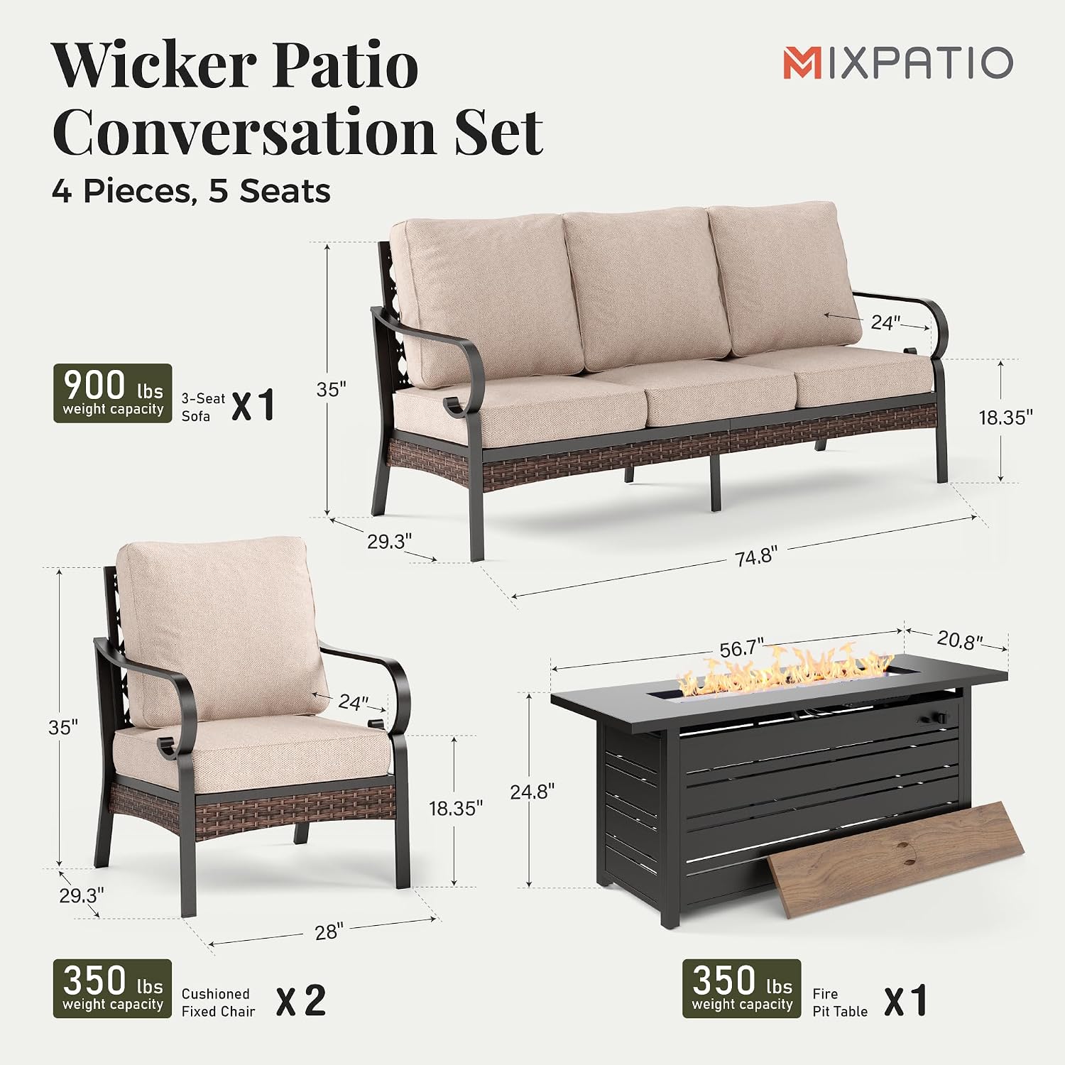 MIXPATIO Patio Furniture Set with Fire Pit Table, 4 PCS Metal Outdoor Conversation Set with 5.75'' Extra Thick Cushion, 2 Chairs, 3-Seat Sofa and Gas Fire Pit Table, Beige