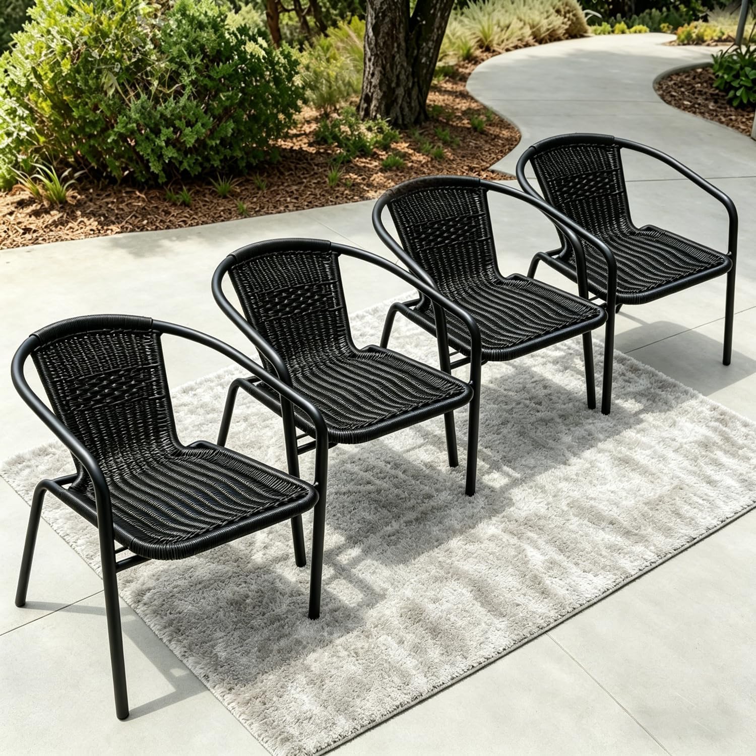 Outdoor Patio Furniture Set 5 Piece with 4 Stackable Black Rattan Chairs and Black Outdoor Metal Dining Table with Umbrella Hole