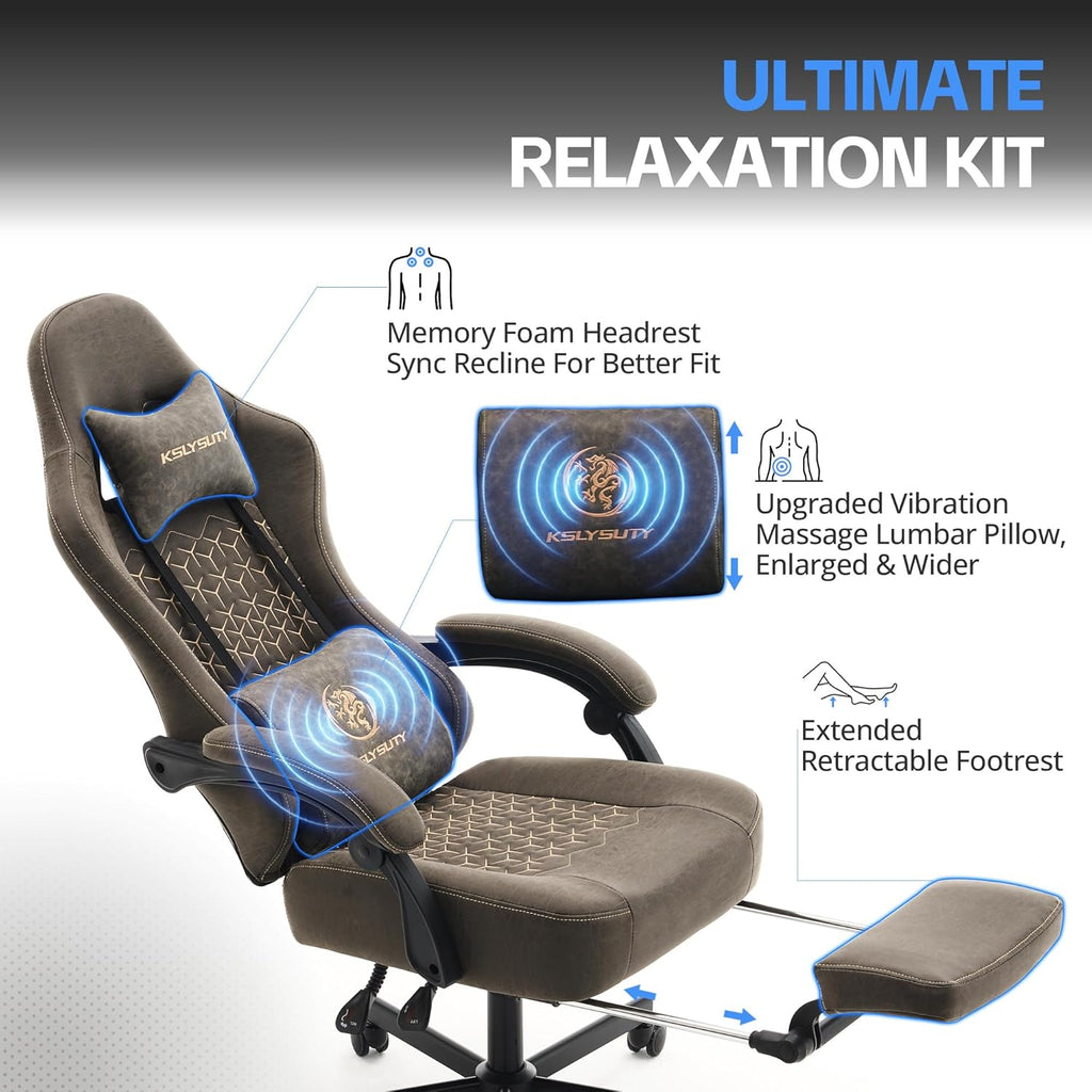 Gaming Chair Breathable Leather with Pocket Spring Cushion, Wide and High Ergonomic Office Chair with Headrest, Computer Gaming Chair with Footrest for Adult and Teen (Grey Leather)