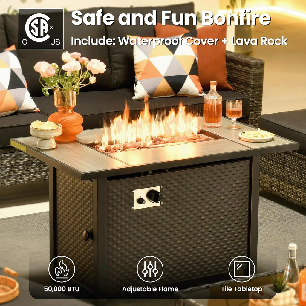 ovios 7 Pieces Patio Furniture Set, Outdoor Wicker Sofa Couch with Rocking Swivel Chairs Fire Pit Table, Modern Deep Seat Rattan Conversation Sets for Deck Porch, Black