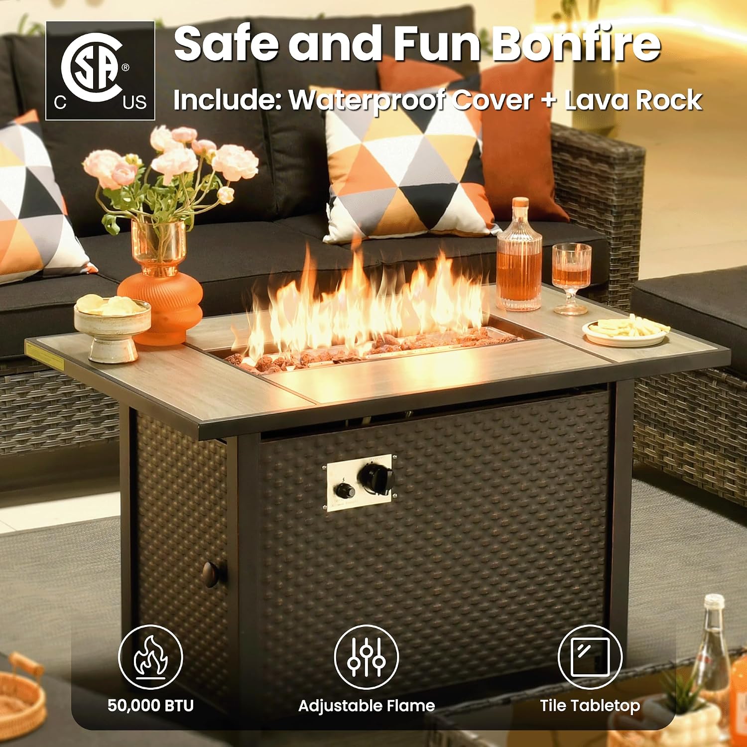 ovios 7 Pieces Patio Furniture Set, Outdoor Wicker Sofa Couch with Rocking Swivel Chairs Fire Pit Table, Modern Deep Seat Rattan Conversation Sets for Deck Porch, Black