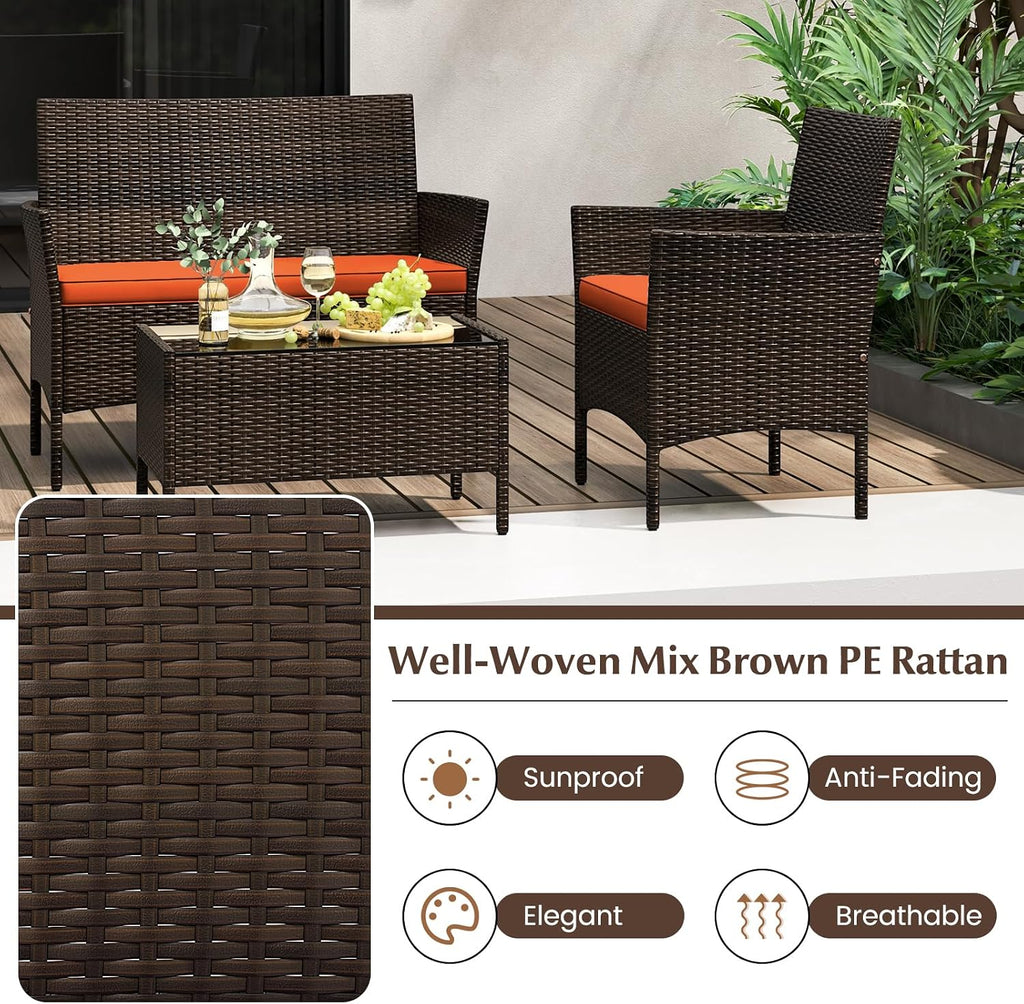 KOTEK 4 Piece Patio Furniture Set, Outdoor Rattan Conversation Set with Loveseat, Wicker Chairs, Tempered Glass Coffee Table, Wicker Patio Set for Backyard, Porch (Orange)
