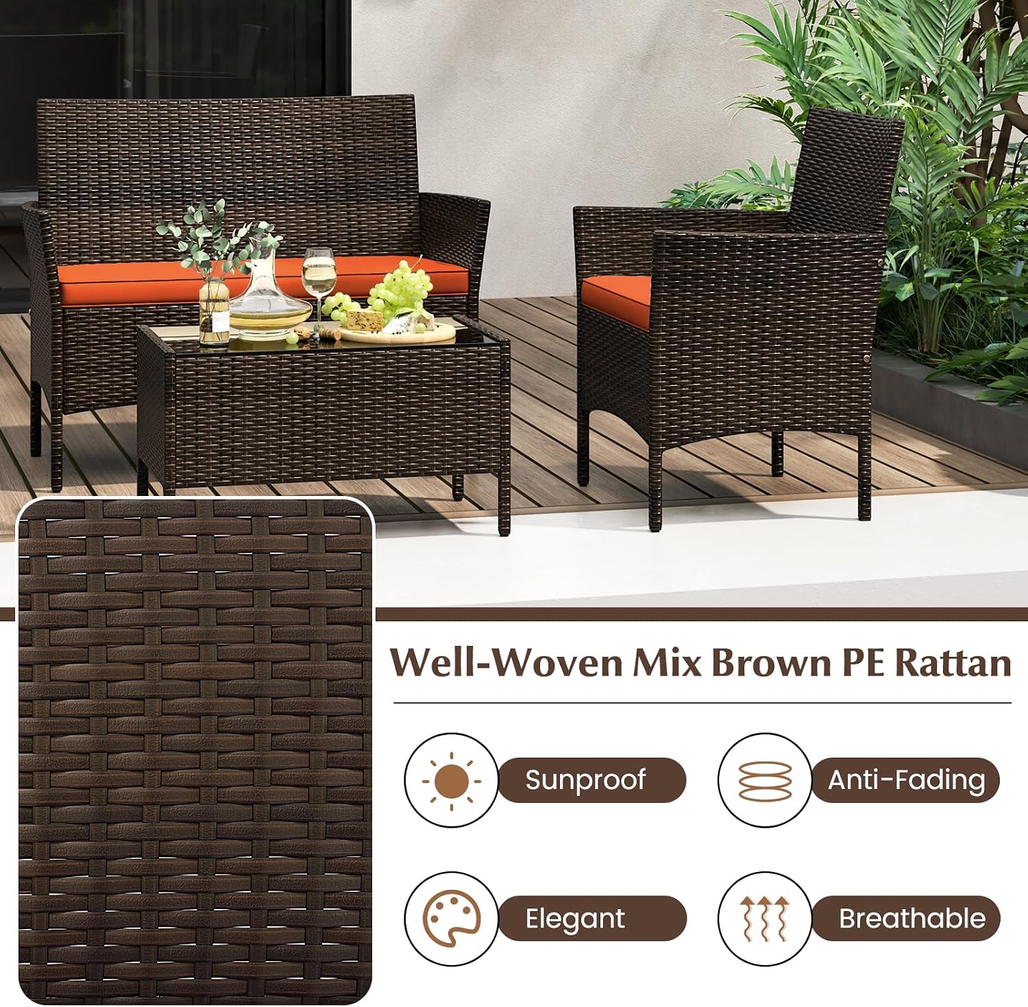 KOTEK 8 Piece Patio Furniture Set, Outdoor Rattan Conversation Set with Loveseat, Wicker Chairs, Tempered Glass Coffee Table, Wicker Patio Set for Backyard, Porch (Orange)