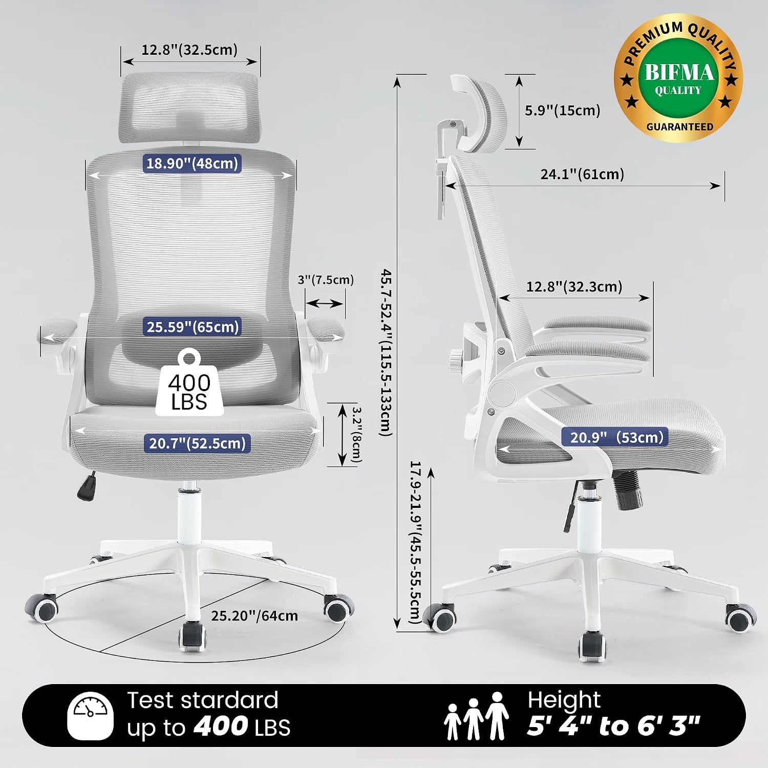 Fizzin Ergonomic Office Chair, 400 LBS Desk Chair with Adjustable Lumbar Support, High Back Breathable Mesh Computer Chair Rolling Work Swivel Task Chairs, Comfy Home Office Desk Chair (Gray)