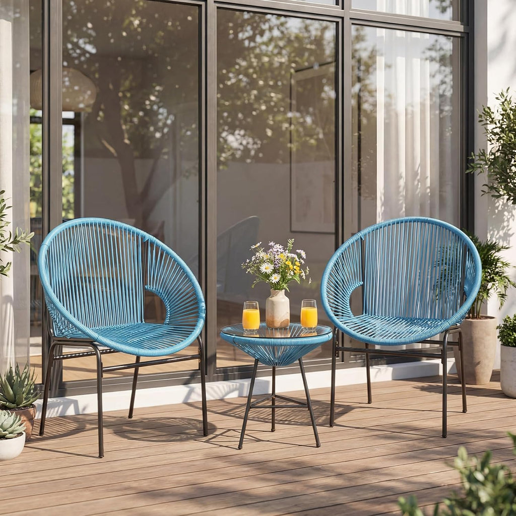 Tangkula 3 Piece Outdoor Patio Furniture Set, Acapulco Chair Set w/Plastic Rope, Tempered Glass Table, All Weather Patio Bistro Set for Patio, Lawn, Garden, Backyard (Turquoise)