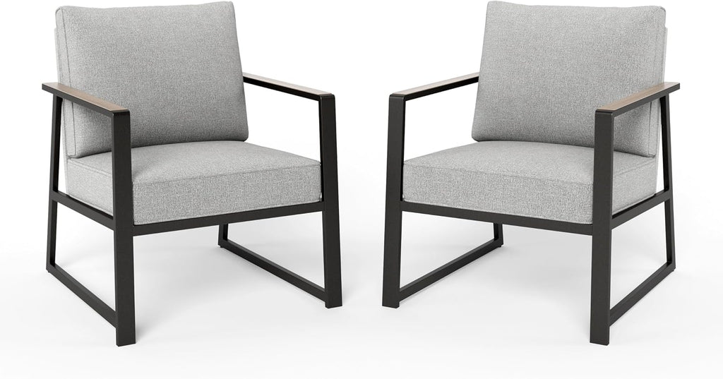 PHI VILLA Patio Furniture Metal Armchair,2 PCS All-Weather Outdoor Contemporary Sofa Chair,Black Frame with Textilene Cushion（Backyard ICON Collection）