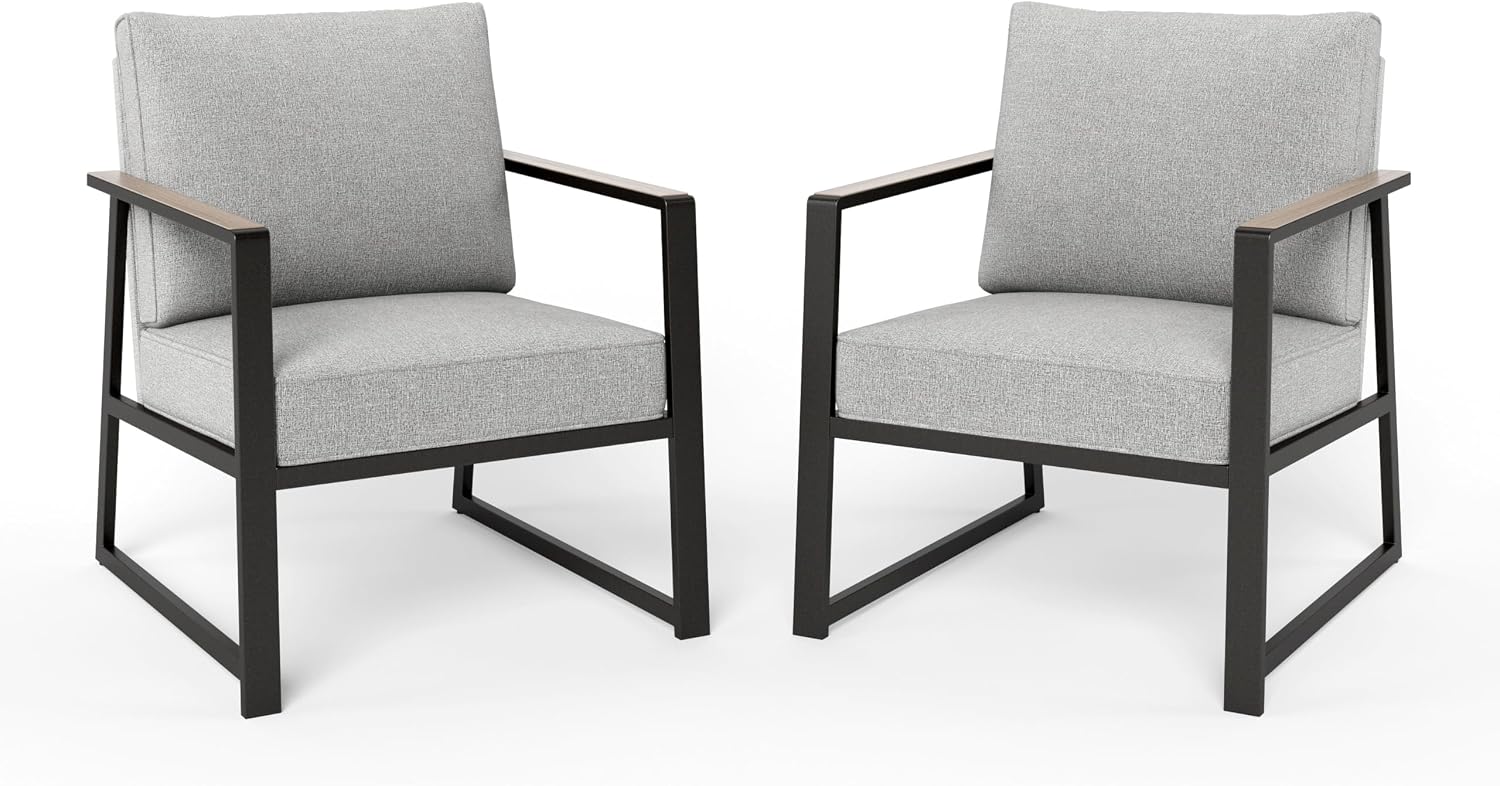 PHI VILLA Patio Furniture Metal Armchair,2 PCS All-Weather Outdoor Contemporary Sofa Chair,Black Frame with Textilene Cushion（Backyard ICON Collection）