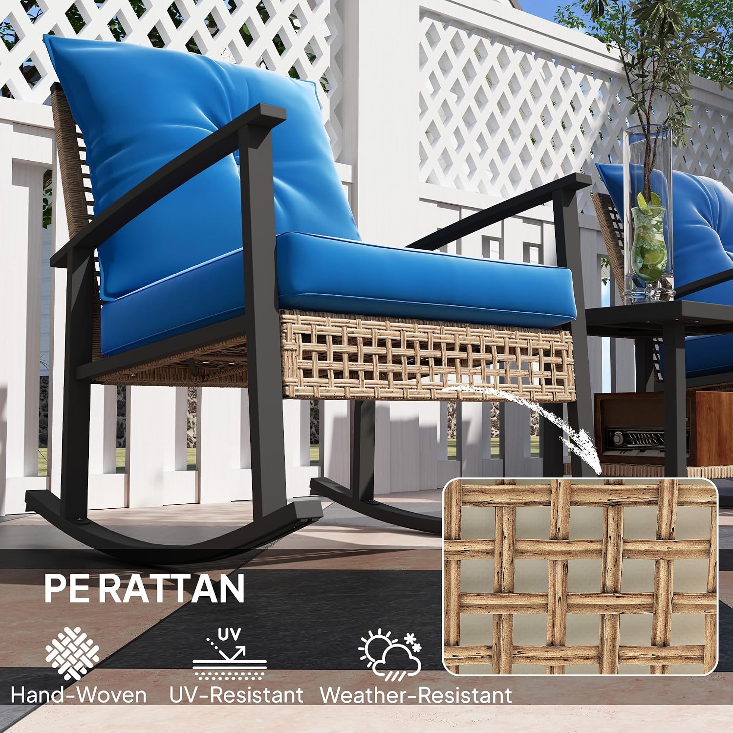 Outsunny 3 Pieces Rocking Wicker Outdoor Bistro Set, Rattan Patio Furniture Set with Coffee Table and Porch Chairs, Button Tufted Cushions for Backyard, Balcony, Garden, Dark Blue
