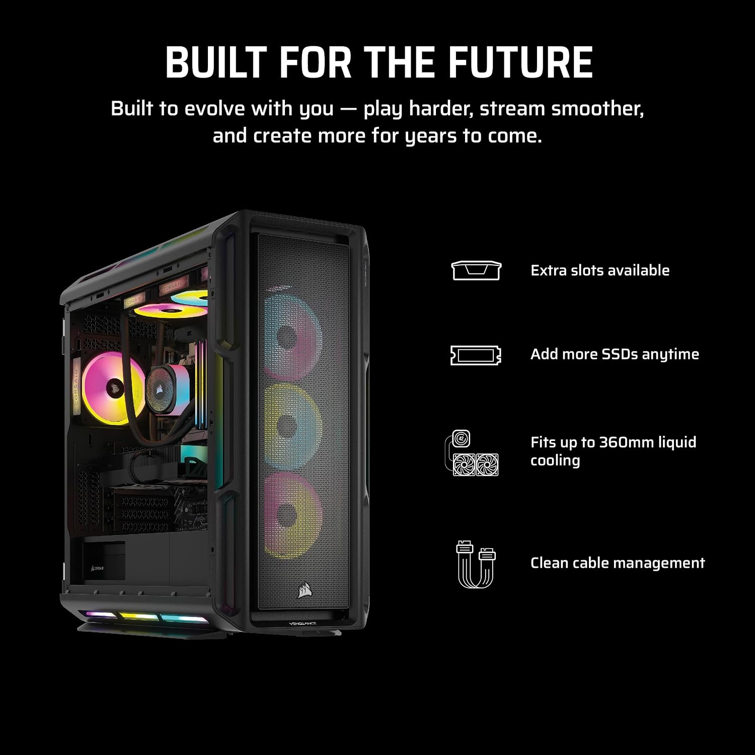 Corsair Vengeance i8300 Gaming PC – Liquid Cooled Intel® Core™ Ultra 9 285K, NVIDIA® GeForce RTX™ 5090 GPU, 64GB Dominator Titanium RGB DDR5 Memory, 2+4TB M.2 SSD – Black