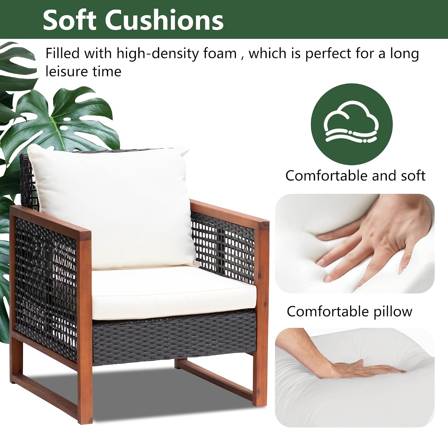 PayLessHere 3-Piece Outdoor Patio Furniture Set Modern Rattan Bistro Conversation Set with Acacia Wood Frame, Coffee Table, and Water-Resistant Cushions for Balcony, Garden, or Backyard (Khaki)