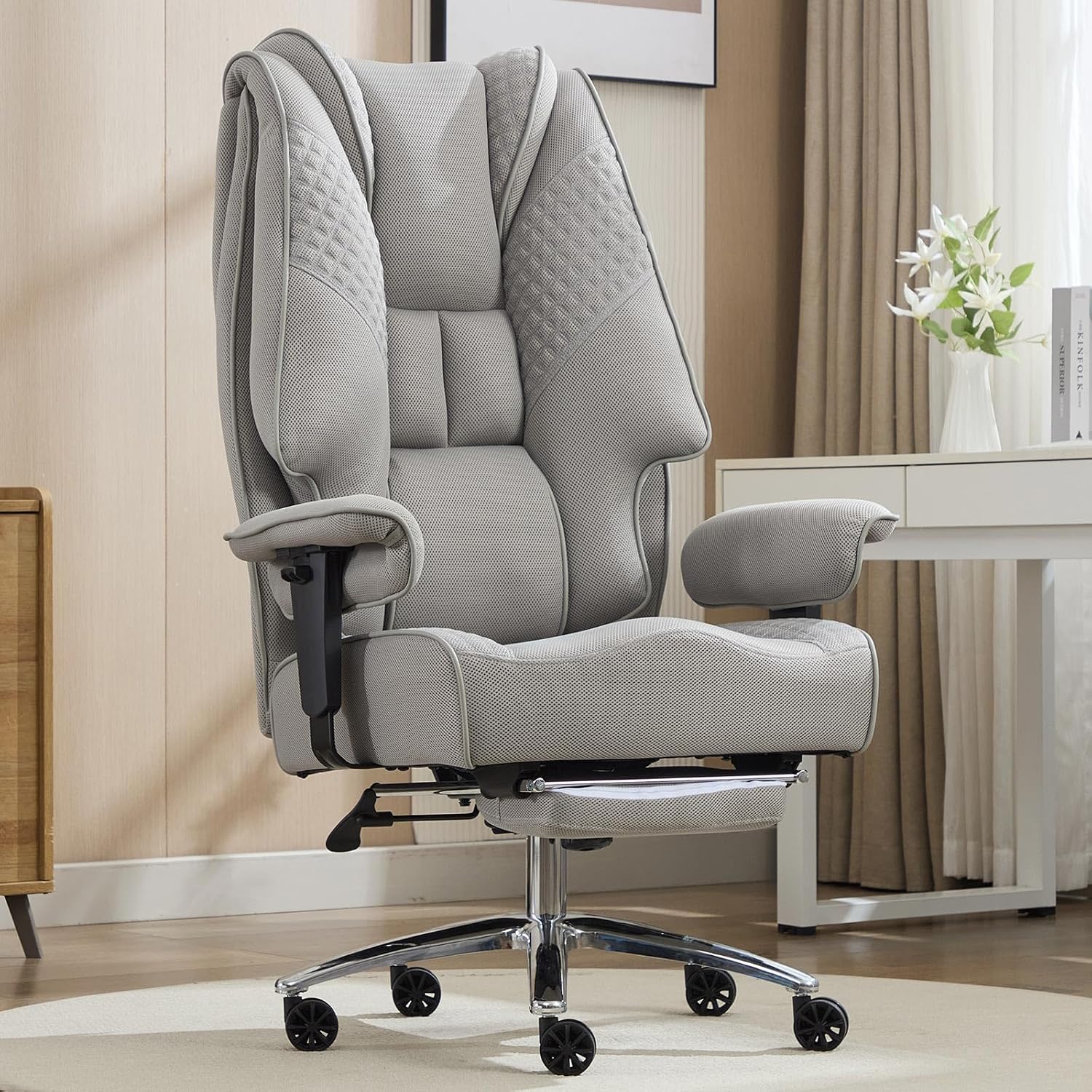 EXCEBET Big and Tall Office Chair 400lbs Wide Seat, Leather High Back Executive Office Chair with Foot Rest, Ergonomic Chairs Lumbar Support for Lower Back Pain Relief (Mesh Dove Grey)