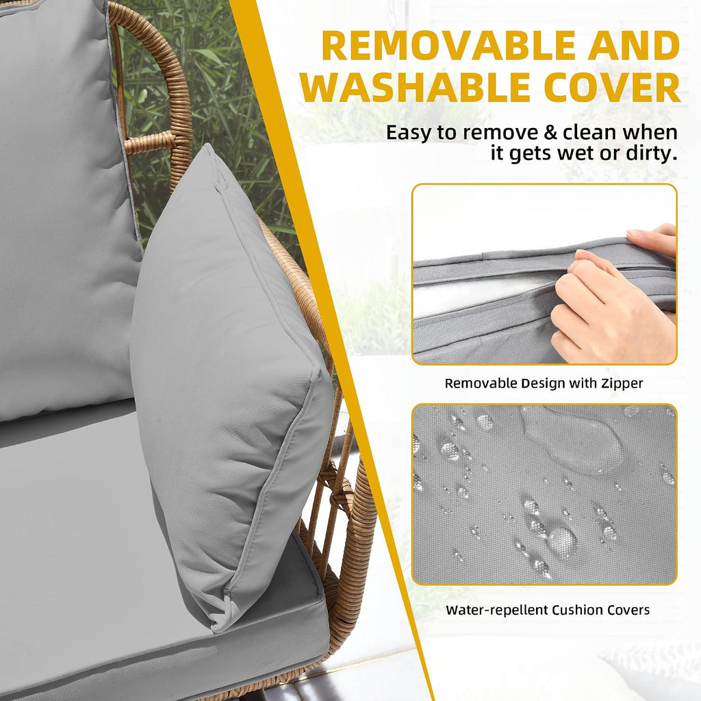 DWVO Patio Furniture Set 4 Pieces Boho Wicker Bistro Set, All Weather Outdoor Rattan Conversation Set with Loveseat Chairs Table Soft Cushions for Backyard, Pool, Garden - Grey