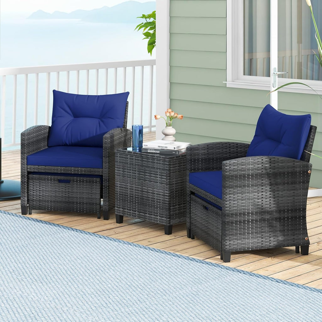 KOTEK 5 Pieces Patio Furniture Set with Ottomans, Wicker Patio Conversation Set with Coffee Table & Cushions, PE Rattan Outdoor Lounge Chairs for Backyard, Porch, Poolside (Mix Grey- Navy)