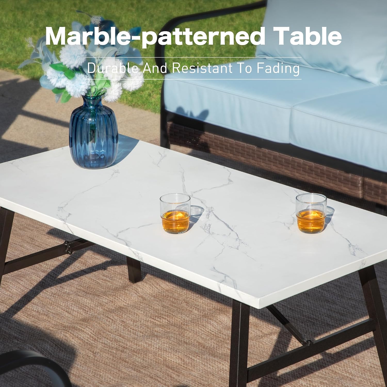 SUNSHINE VALLEY 6 Piece Metal Outdoor Patio Furniture Set, 1 3-Seater & 2 Fixed Sofa, 2 Rocking Sofa with 5.75' Thick Cushion & Coffee Table - Black & Blue