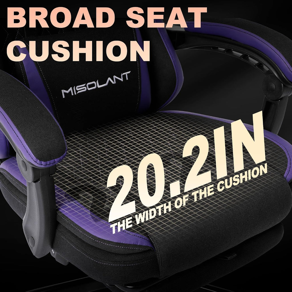 Misolant Gaming Chair, Fabric Gamer Chair with footrest for Adults, High Back Ergonomic Computer Game Chair with Adjustable Headrest and Massage Lumbar Support, 90-155° Recline Free, Purple