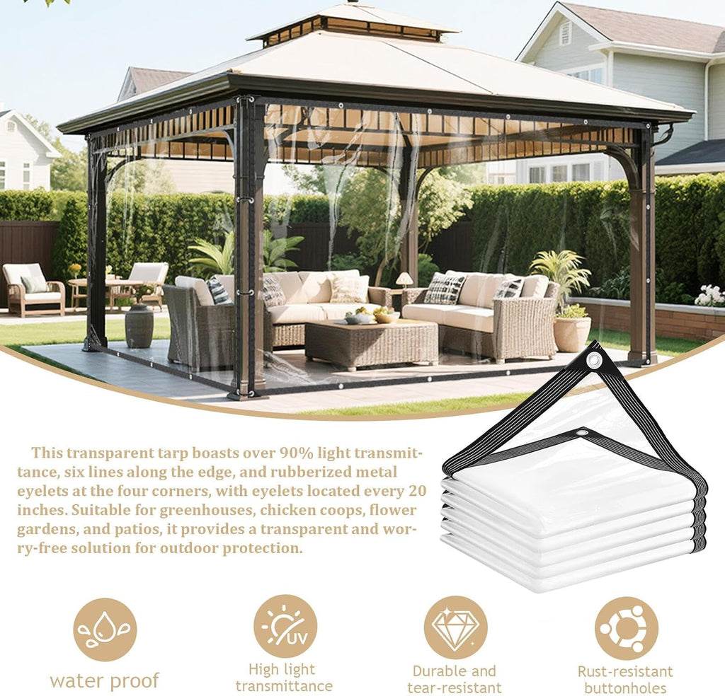 Clear Vinyl Tarp with Grommets 10x16ft Clear Tarps Heavy Duty Waterproof 14 Mil Thickened PVC Tear-Resistant Reinforced for Patio Chicken Coop Cover Greenhouse Plant Enclosure