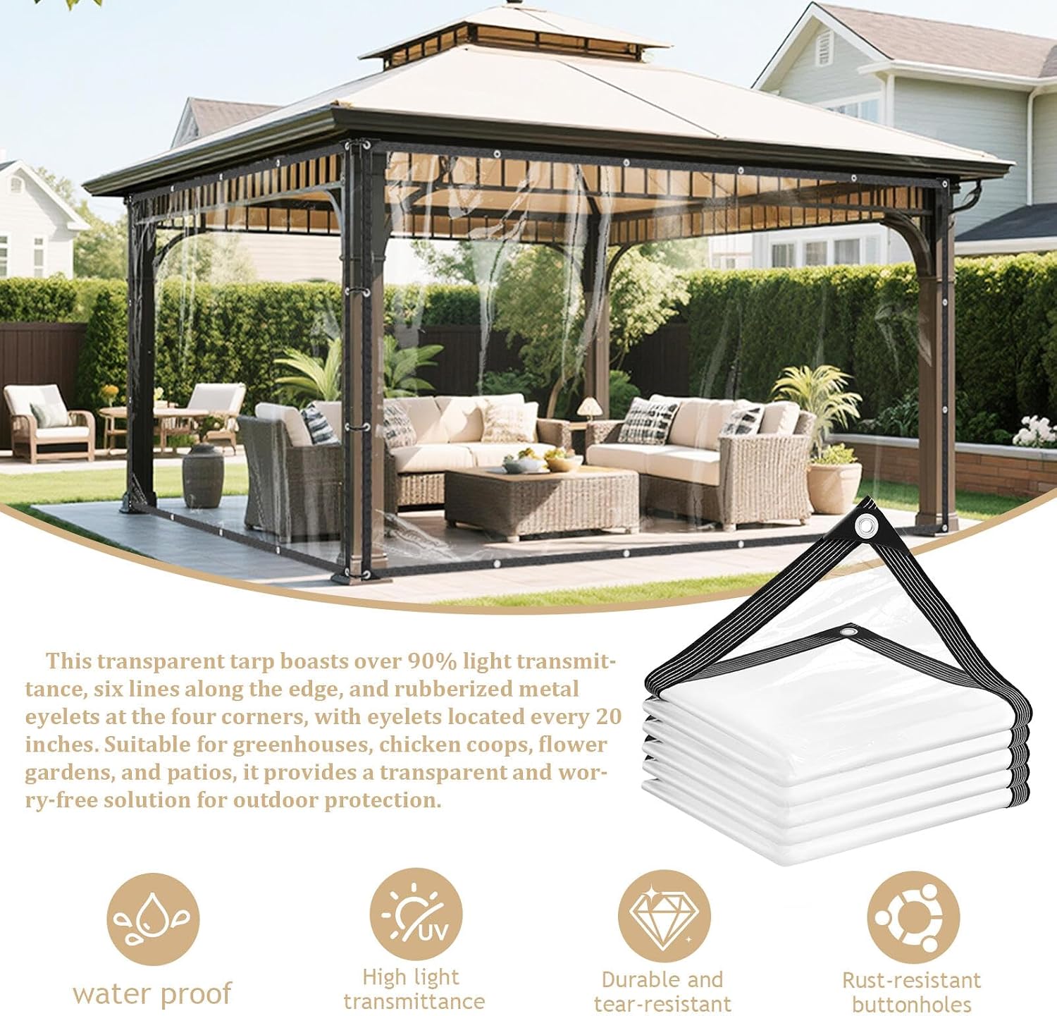 Clear Tarp 12x20ft with Grommets Thickened 14Mil Clear Tarps Heavy Duty Waterproof Tear Resistant PVC Vinyl Reinforced Edges for Small Patio Porch and Outdoor Greenhouse Plant Cover