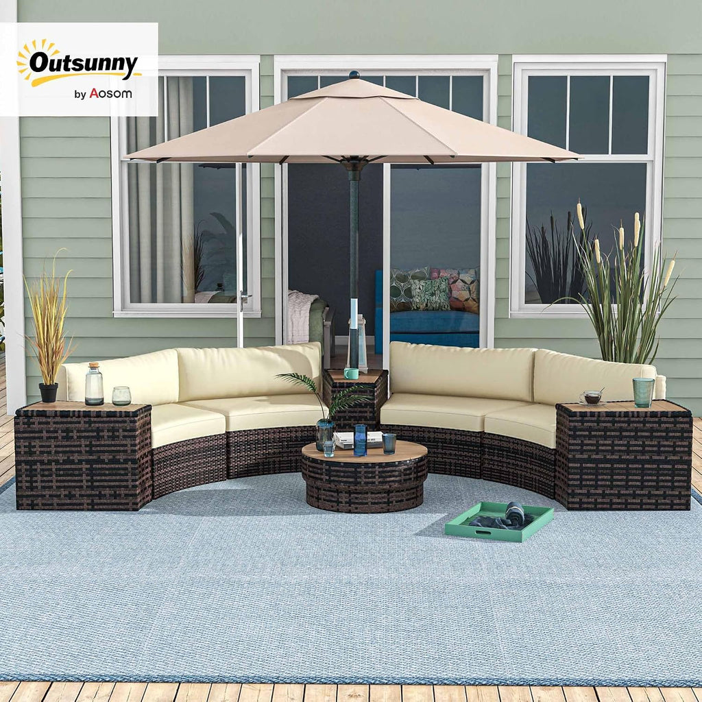 Outsunny 8 Piece Patio Furniture Set with 4 Rattan Sofa Chairs & 4 Tables, Outdoor Conversation Set with Storage & Umbrella Hole for Backyard, Lawn and Pool, Mixed Brown