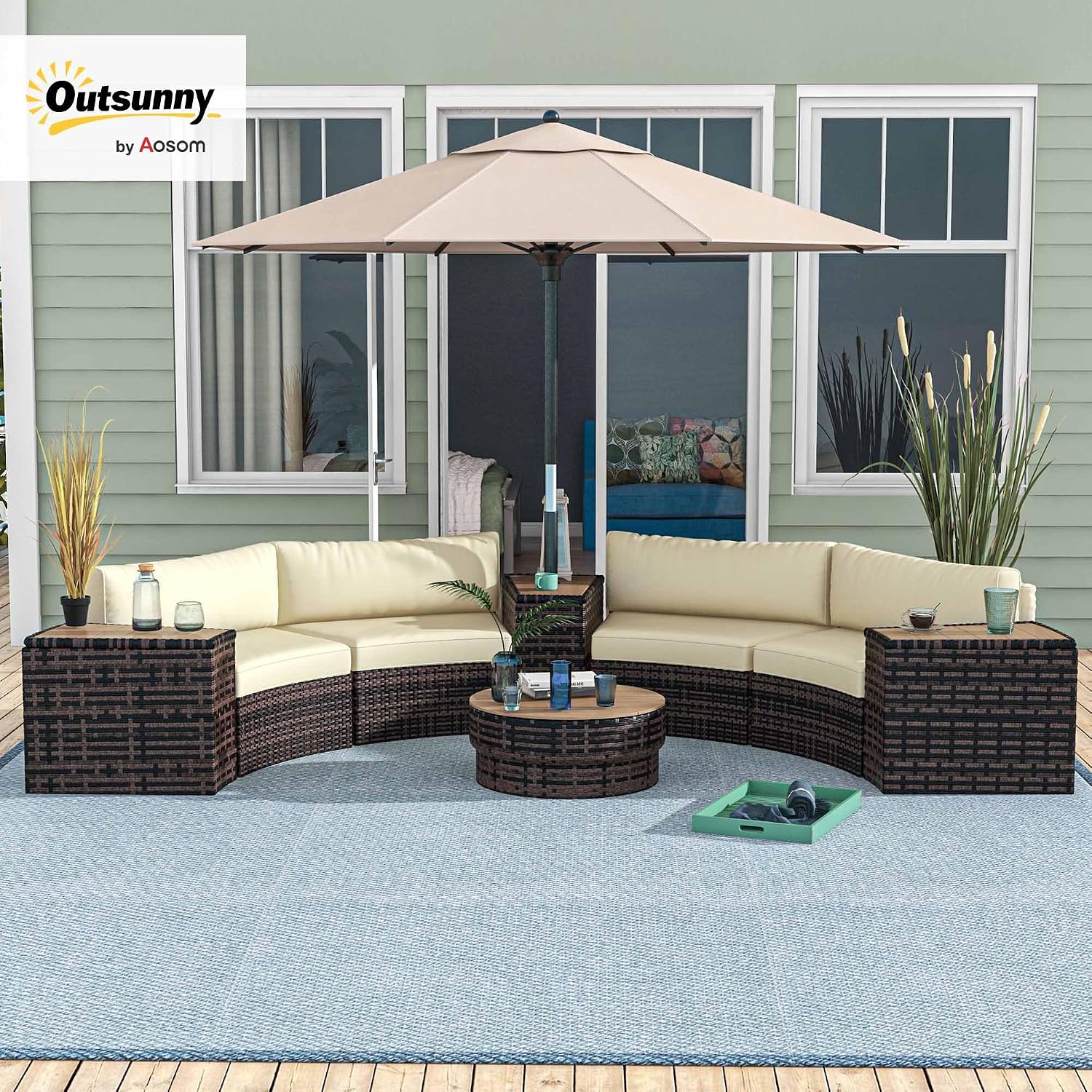 Outsunny 8 Piece Patio Furniture Set with 4 Rattan Sofa Chairs & 4 Tables, Outdoor Conversation Set with Storage & Umbrella Hole for Backyard, Lawn and Pool, Mixed Brown