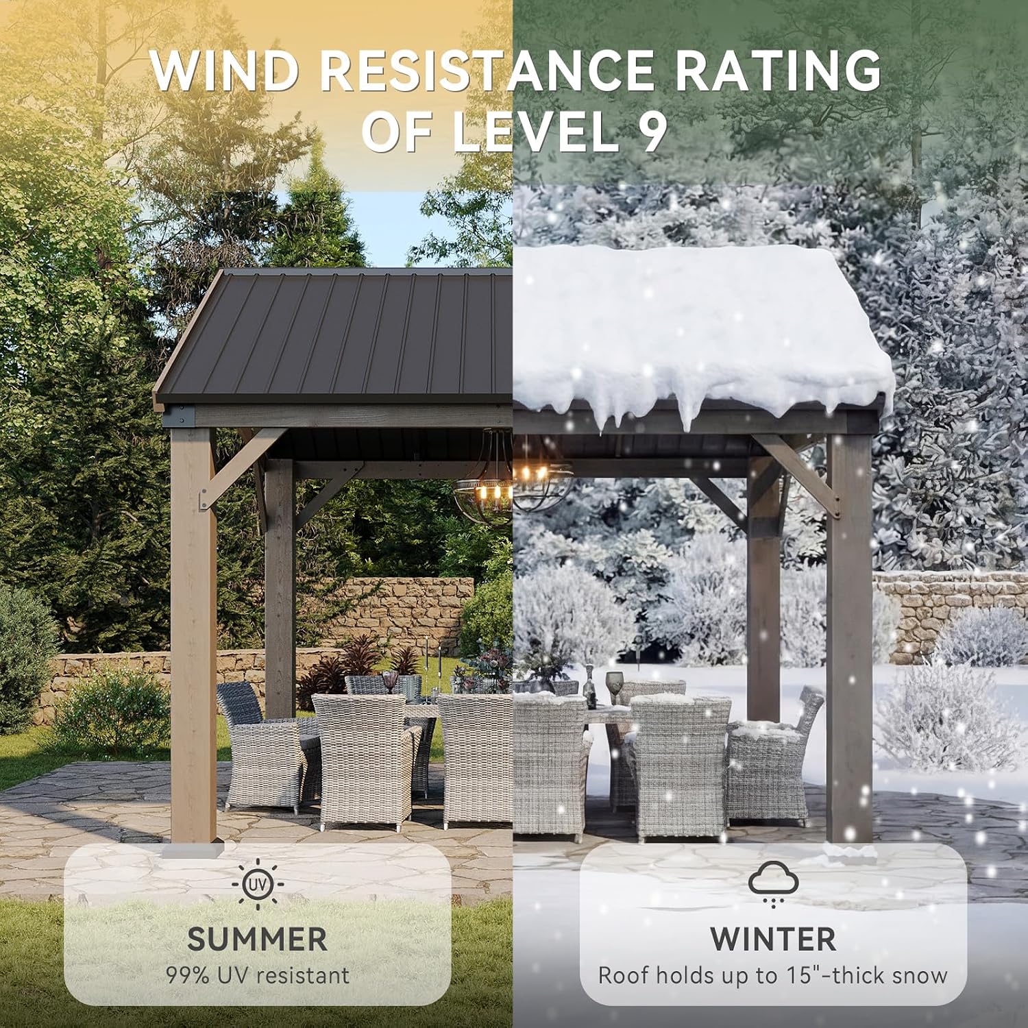 Aoxun 10' x 10' Outdoor Wood Gazebo, Hardtop Gazebo Permanent Wooden Pavilion with Galvanized Steel Gable Roof, for Patio, Garden, Backyard, Cedar Wood