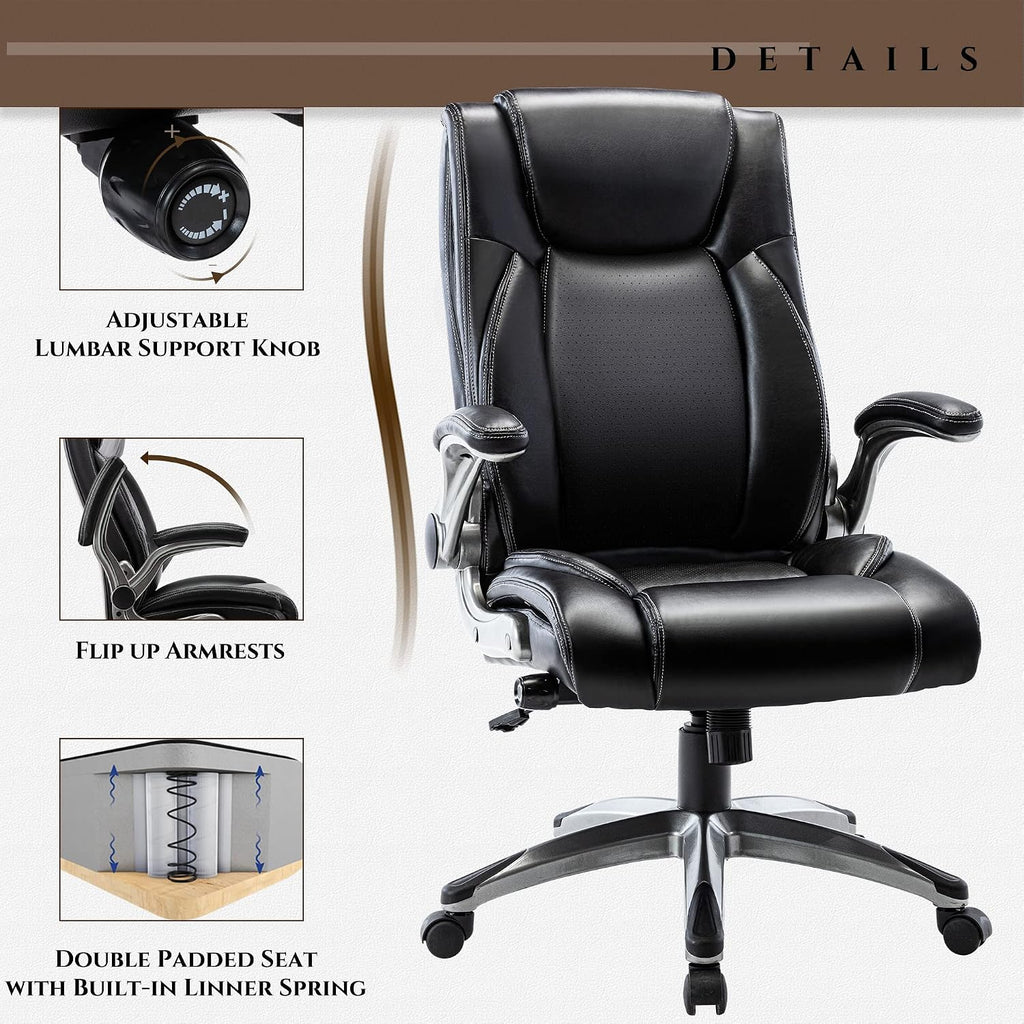 COLAMY Executive Office Ergonomic Chair with Thick Bonded Leather, 300lbs Capacity Big and Tall High Back Desk Chair with Flip-up Armrests, Adjustable Height and Tilt for Working, Study, Gaming,2PC