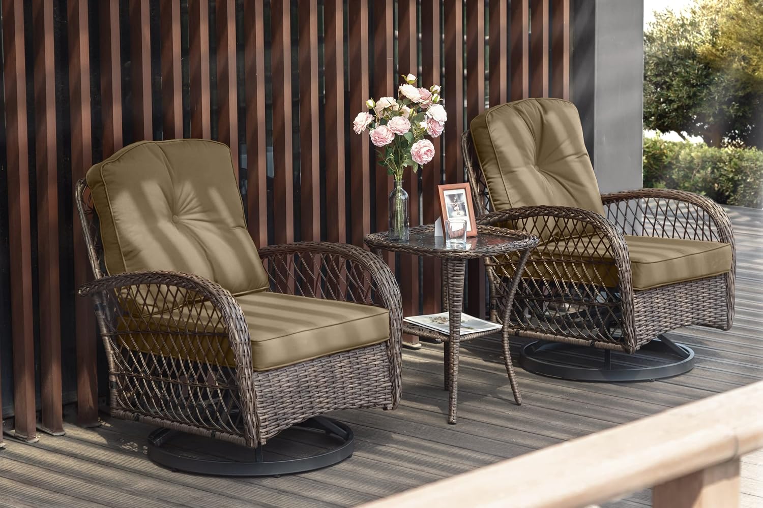 SHA CERLIN 3 Pieces Patio Furniture Set, Outdoor Swivel Glider Rocker, Wicker Patio Bistro Set with Rocking Chair, Cushions and Table (Khaki)
