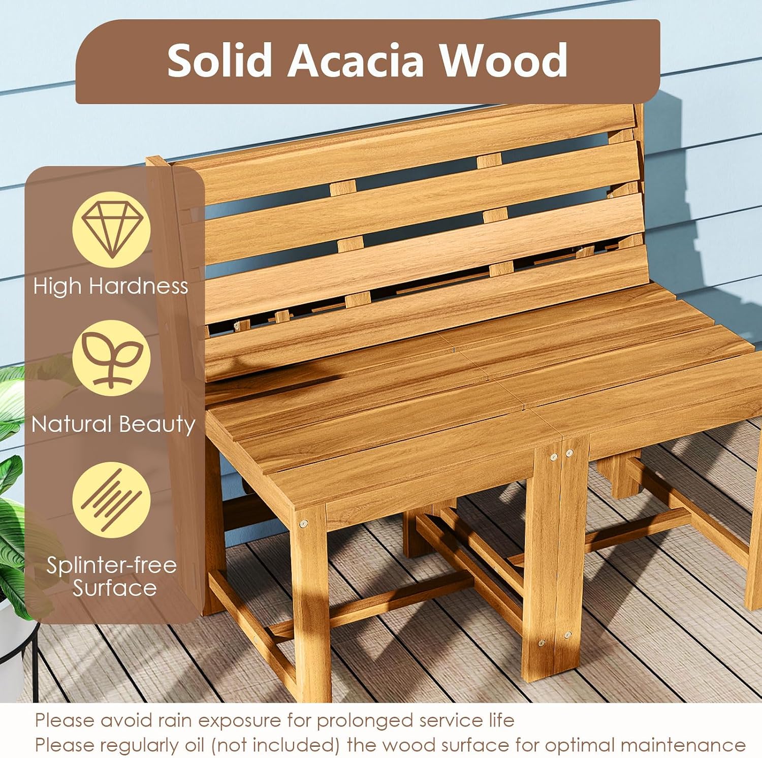 Tangkula 3-in-1 Outdoor Acacia Wood Loveseat Bench Furniture, Patio Table and Chairs Set with Plant Rack Design, for Garden, Porch and Backyard
