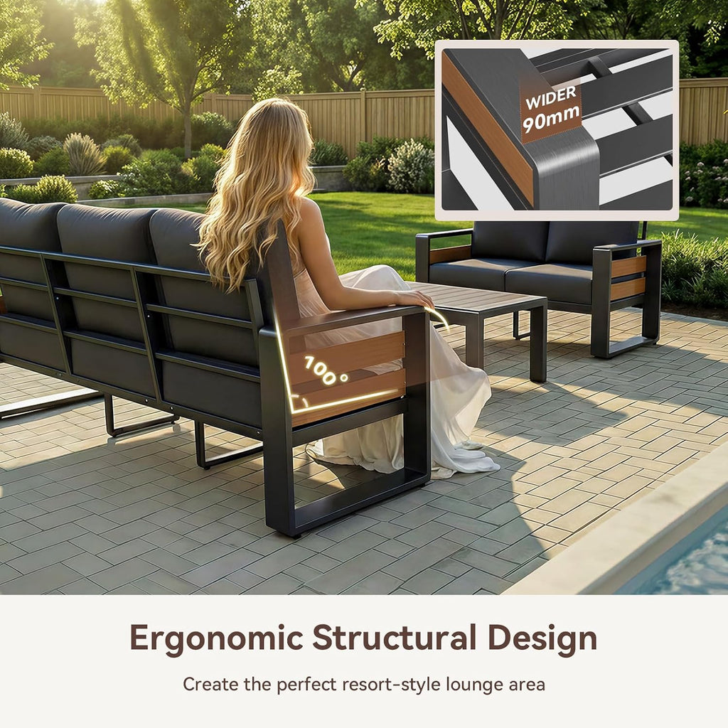 Aoxun Aluminum Patio Furniture Set, 5 Seats Sectional Metal Patio Furniture with Coffee Table, 6'' Thick Cushions and 3-Seat Sofa, Modern Outside Sectional Set for Backyard/Garden/Poolside, Dark Grey