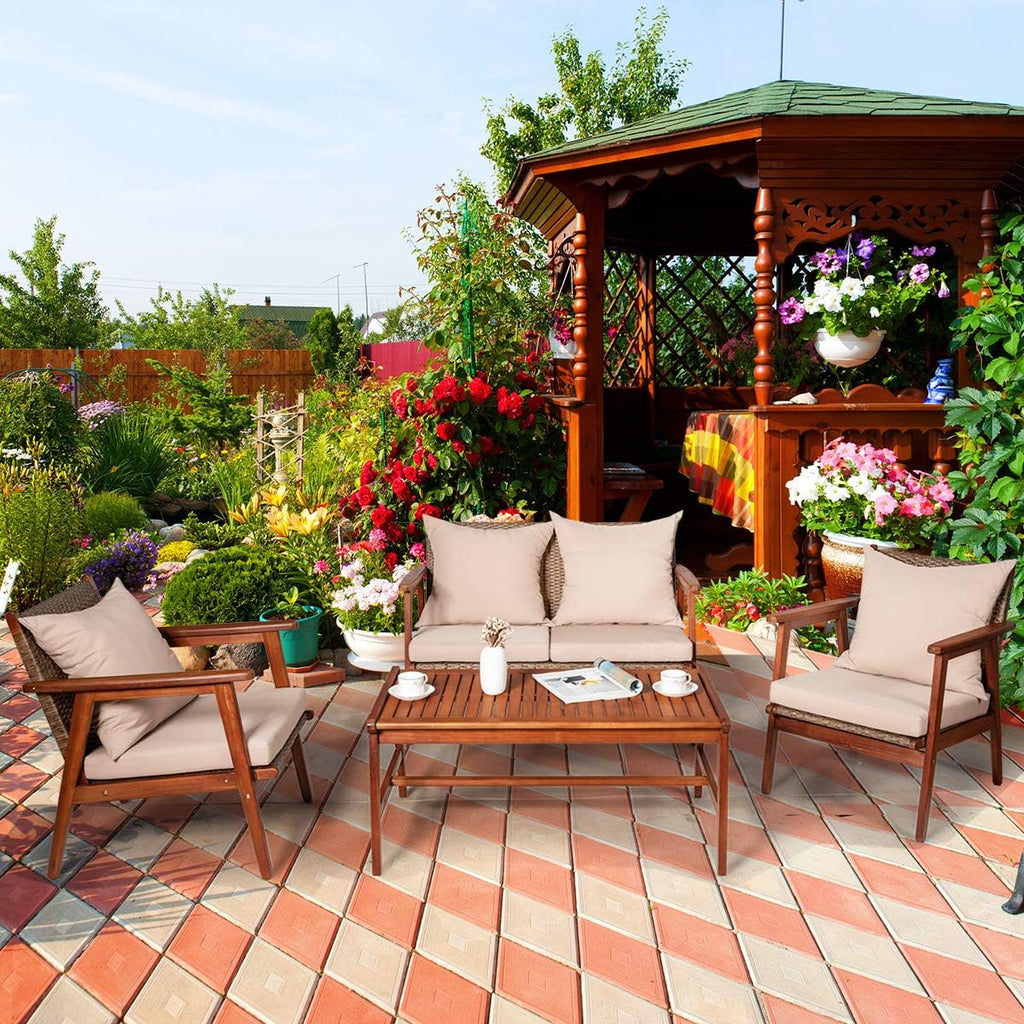 Tangkula 8 PCS Patio Wood Sofa Set, Outdoor Acacia Wood Seating Chat Set with Cushions & Coffee Table, Sectional Conversation Sofa Set for Garden, Backyard, Poolside (2, Brown)