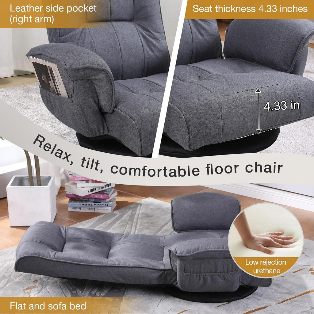 Ergonomic Swivel Floor Gaming Chair with Armrests & Side Pockets, 6-Position Reclining Sofa Bed, Foldable Padded Lounger with Thick Cushion & Lumbar Support for Esports, Reading, TV Watching (Grey)