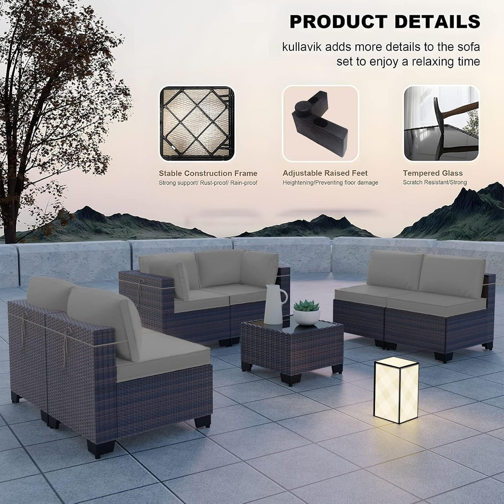 Kullavik 7 Pieces Outdoor Patio Furniture Set,Wicker Outdoor Sectional Sofa,All-Weather Patio Conversation Sets with Washable Thick Cushions & Coffee Table for Garden,Backyard,Balcony,Porch,Grey