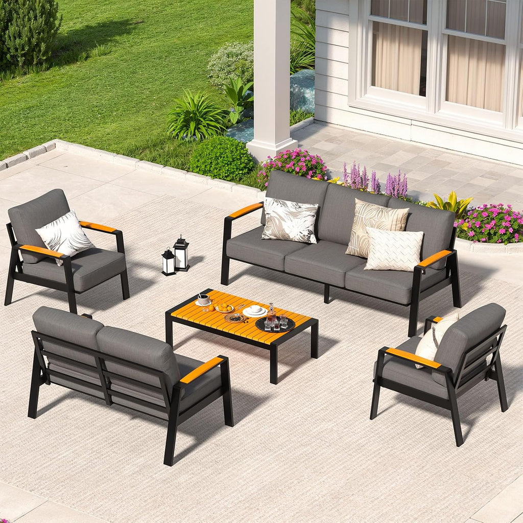 Outdoor Couch Aluminum Patio Furniture Set, All-Weather Metal 3-Seat Sofa with Solid Teak Armrest and Thick Cushions, Dark Gray