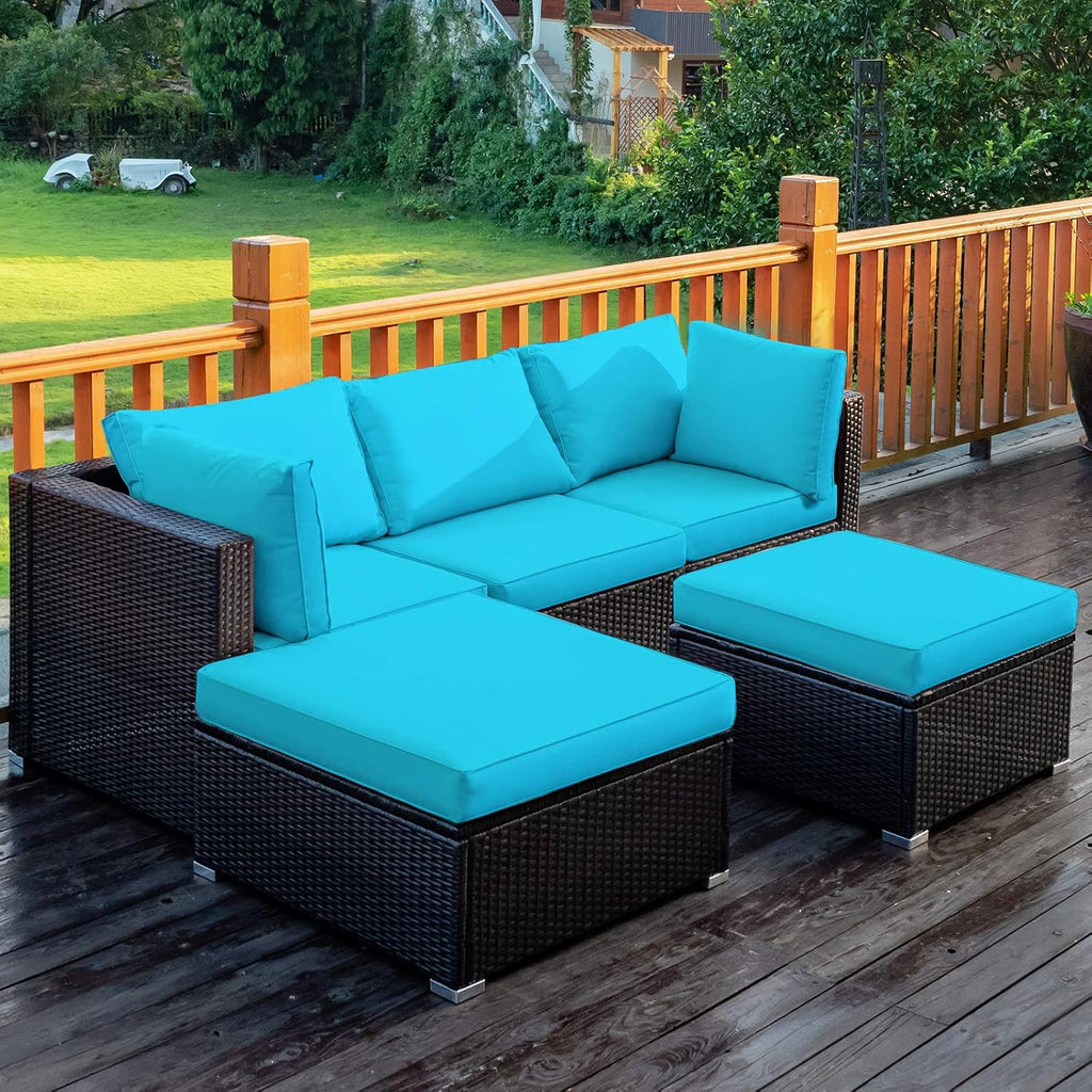 Tangkula 5 Piece Patio Furniture Set, Outdoor Sectional Rattan Sofa Set with Cushions and Coffee Table, Suitable for Backyard Porch Garden Poolside and Deck, Wicker Conversation Set (Turquoise)