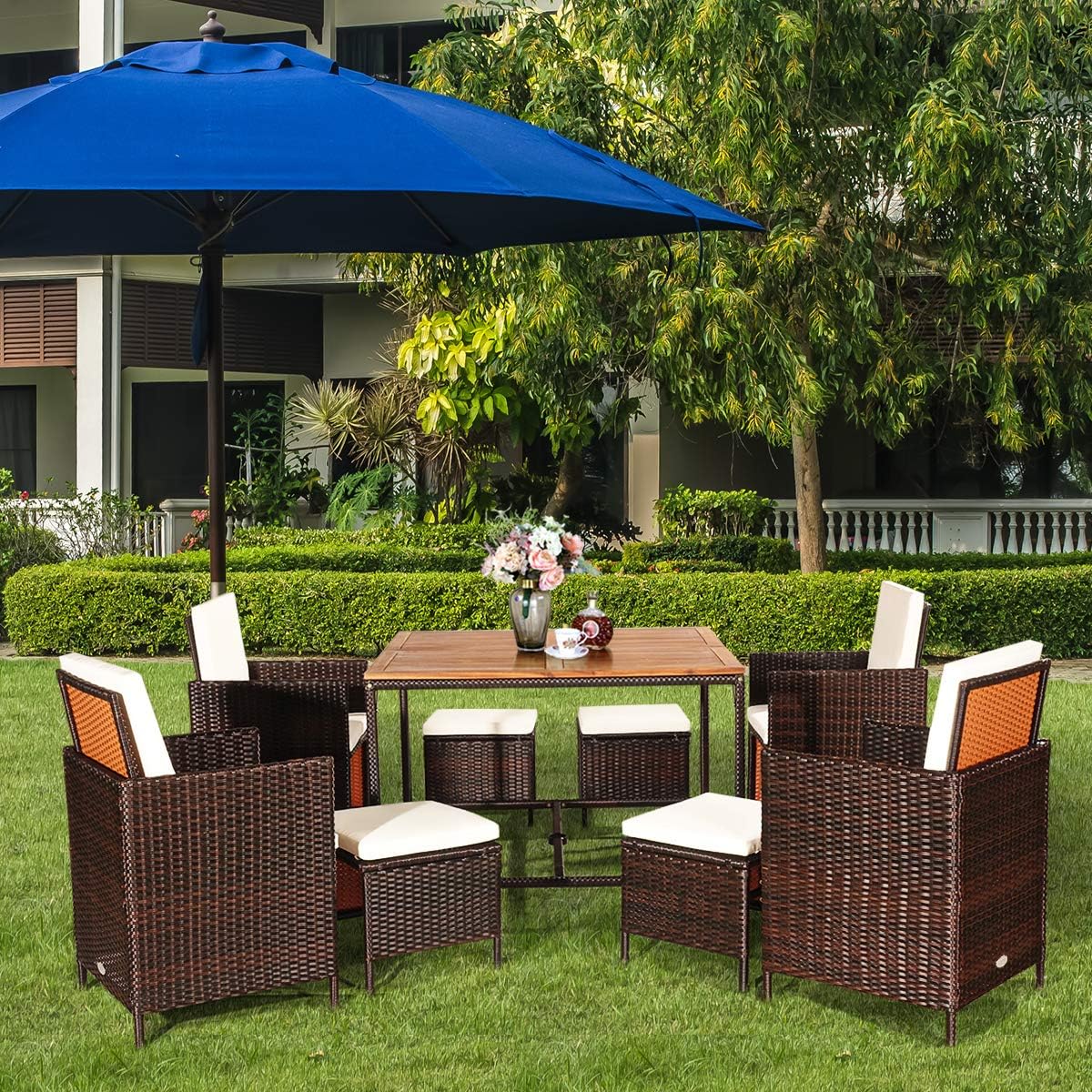 Tangkula 9 Pieces Patio Acacia Wood Table and Chairs Set with Umbrella Hole, Outdoor Space Saving Outdoor Dining Set,for Garden,Yard,Poolside