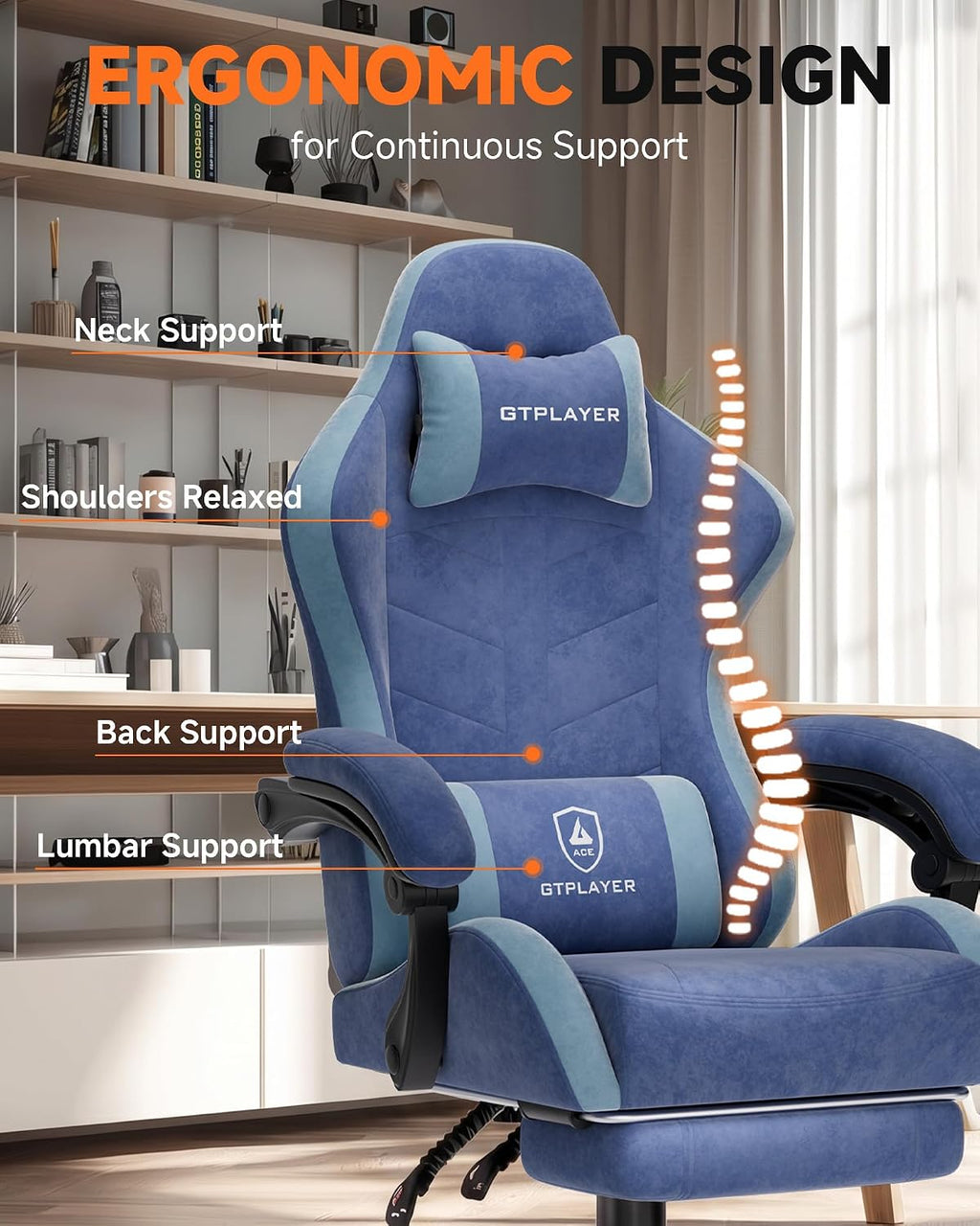 GTPLAYER Gaming Chair with Footrest, Computer Gaming Chair for Adults and Kids, Height Adjustable Gamer Chair with 90-155° Recline & Removable Headrest Lumbar Support,Performance Fabric Blue