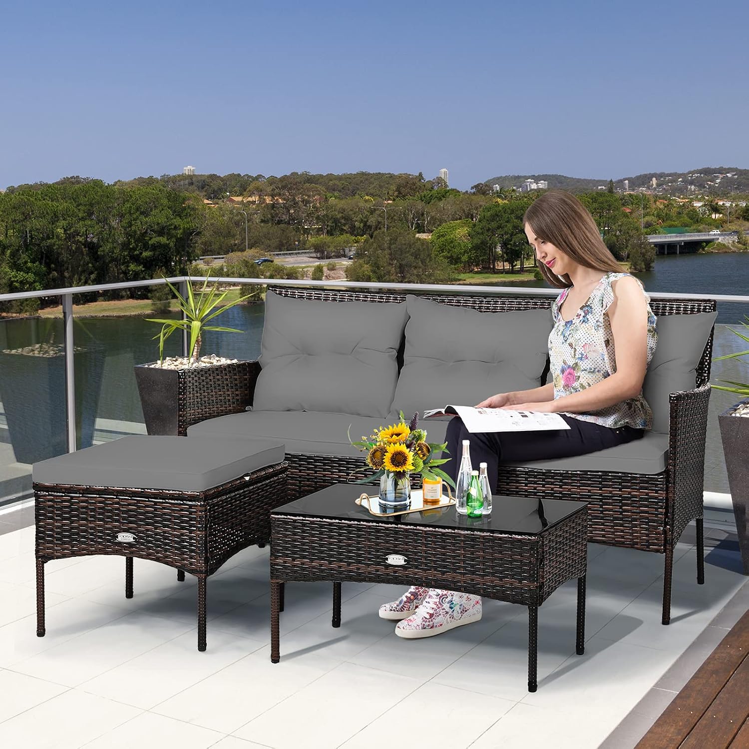 Tangkula 3 Pieces Patio Conversation Set, All Weather Outdoor PE Rattan Wicker Furniture Set with Padded Cushions, Tempered Glass Coffee Table, for Poolside, Backyard, Garden (Gray)