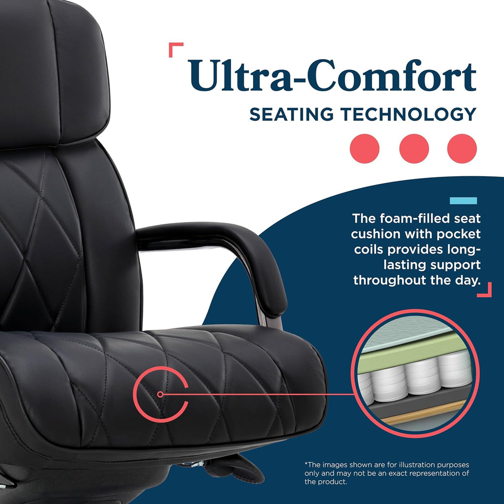 La-Z-Boy Symphony Executive Mid-Back Office Chair, Diamond Quilt Seat and Back, Pocket Coil Cushion, Padded Armrests, Ergonomic Computer DeskChair, Swivel Metal Base, Bonded Leather, Black/Graphite