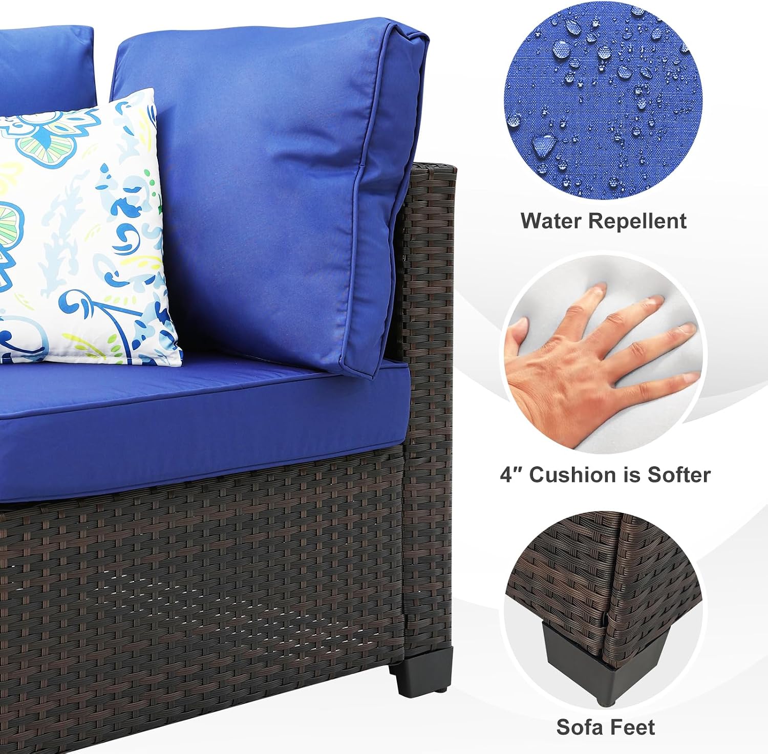 7 Pieces Patio Furniture Set (Brown/Blue), All-Weather Outdoor Sectional Sofa with Anti-Slip Cushions & 2 Pillows, Conversation Set Perfect for Garden, Lawn, Deck